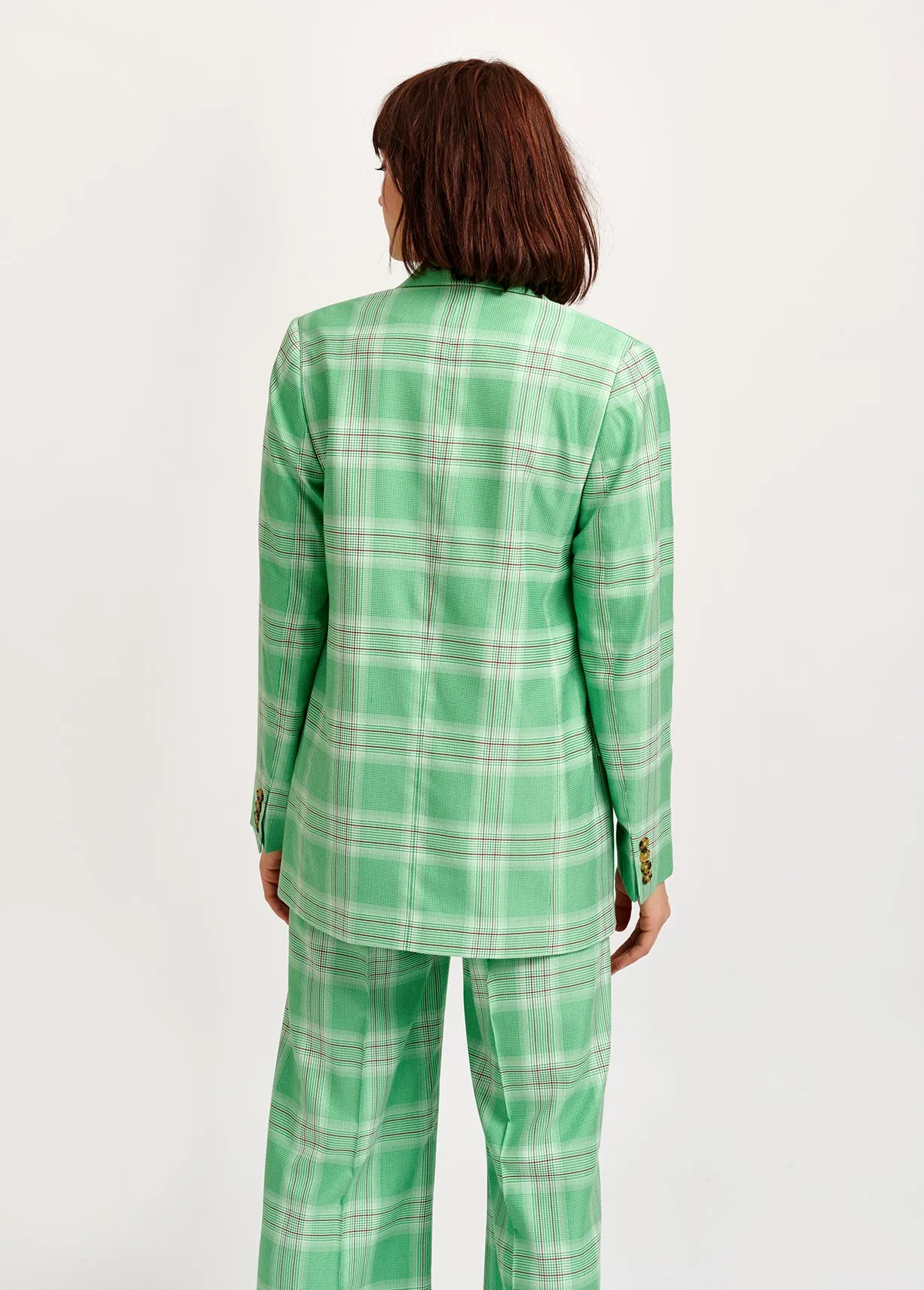 Green plaid double-breasted blazer