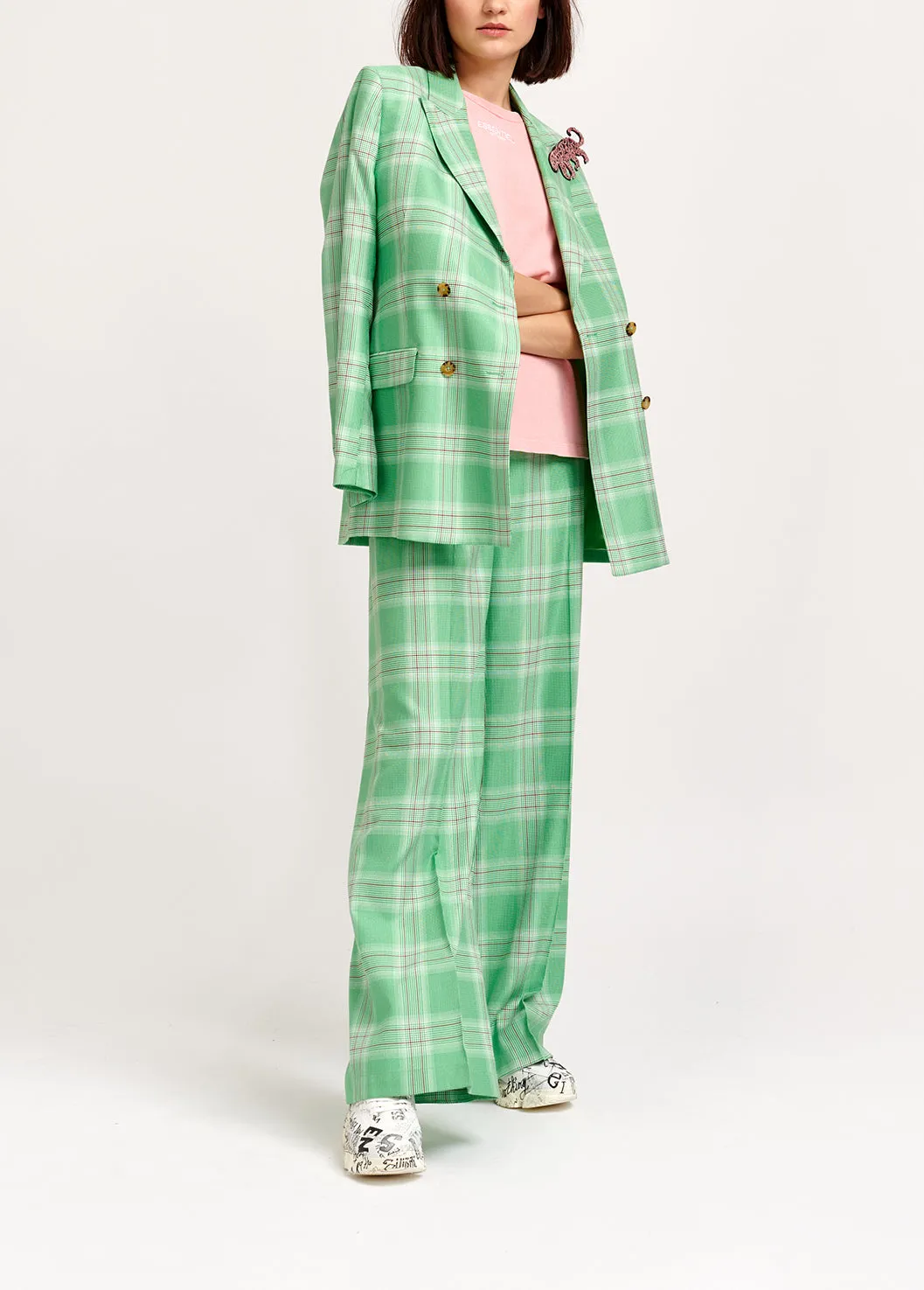 Green plaid double-breasted blazer