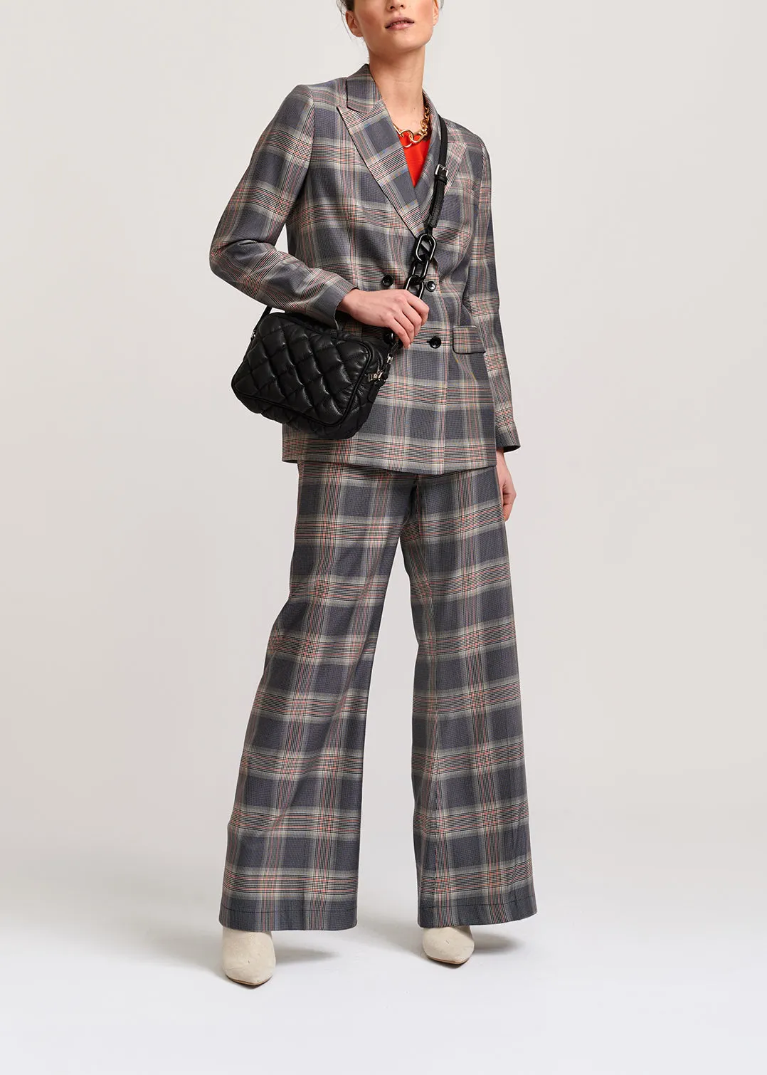 Grey plaid double-breasted blazer