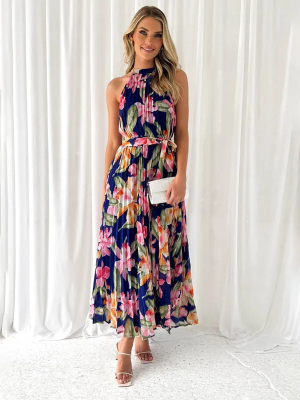 Halterneck Maxi Dress with Floral Print and Pleated Design