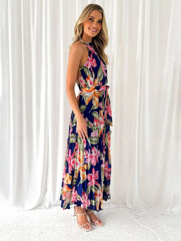 Halterneck Maxi Dress with Floral Print and Pleated Design