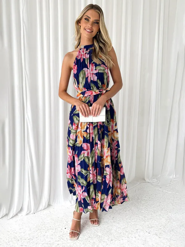 Halterneck Maxi Dress with Floral Print and Pleated Design