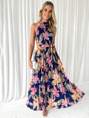 Halterneck Maxi Dress with Floral Print and Pleated Design
