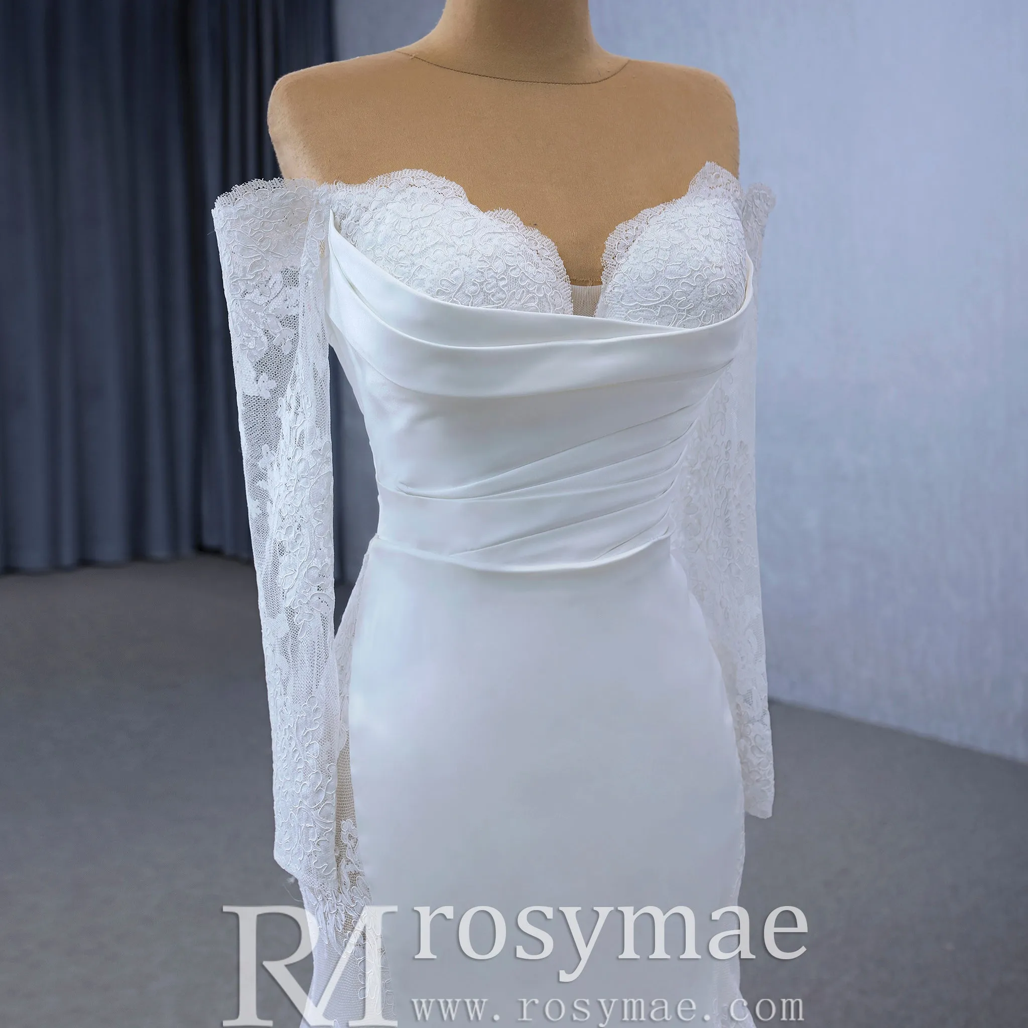 High-end Satin Lace Wedding Dress with Off the Shoulder Long Sleeve