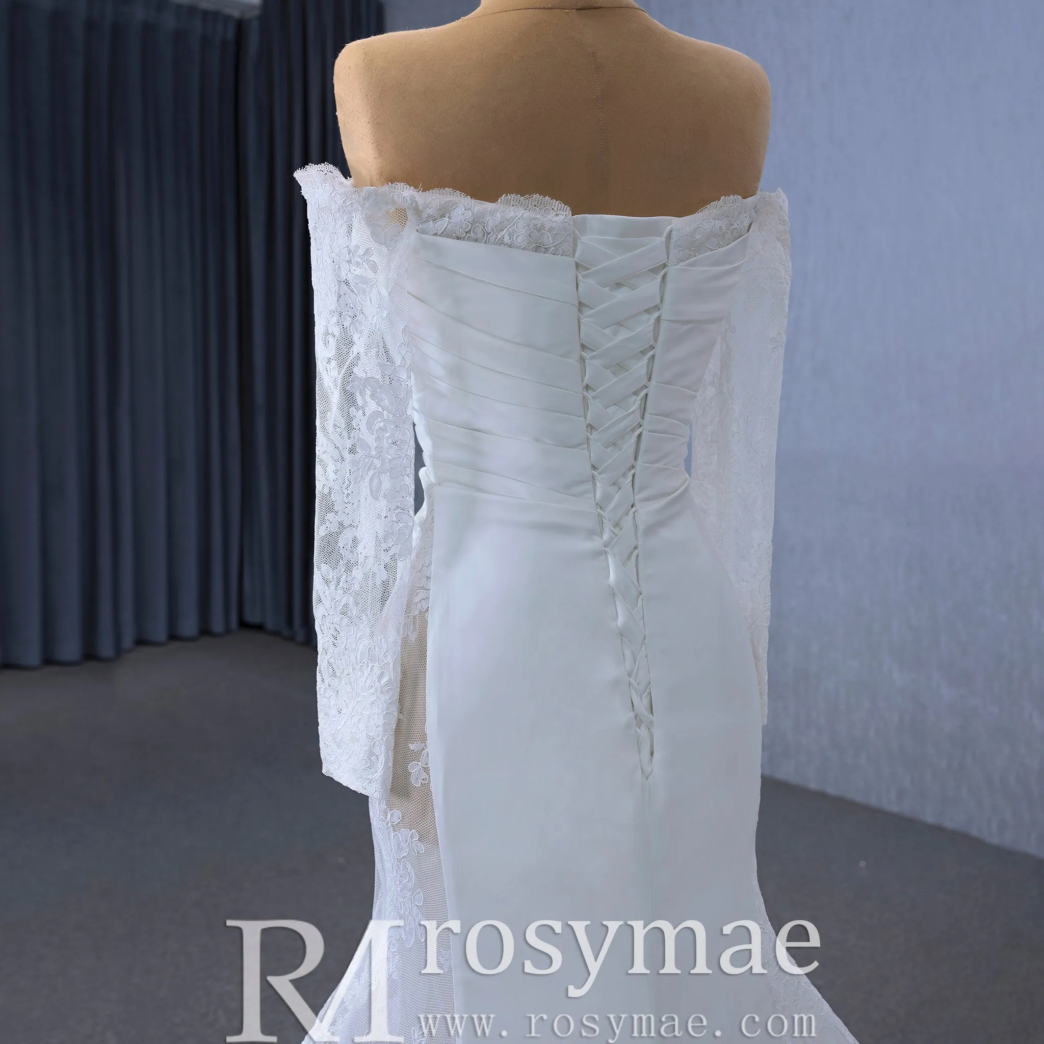 High-end Satin Lace Wedding Dress with Off the Shoulder Long Sleeve