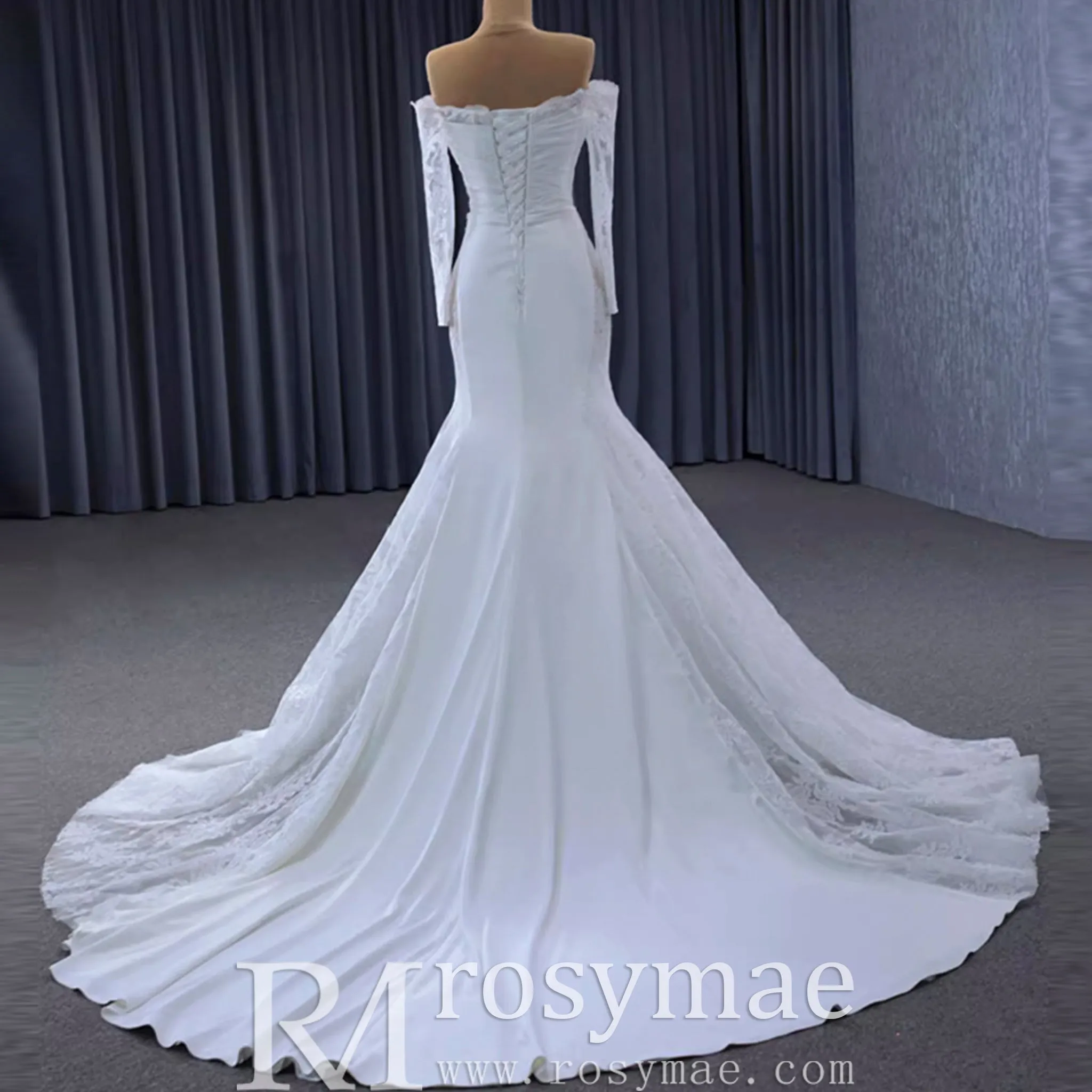 High-end Satin Lace Wedding Dress with Off the Shoulder Long Sleeve
