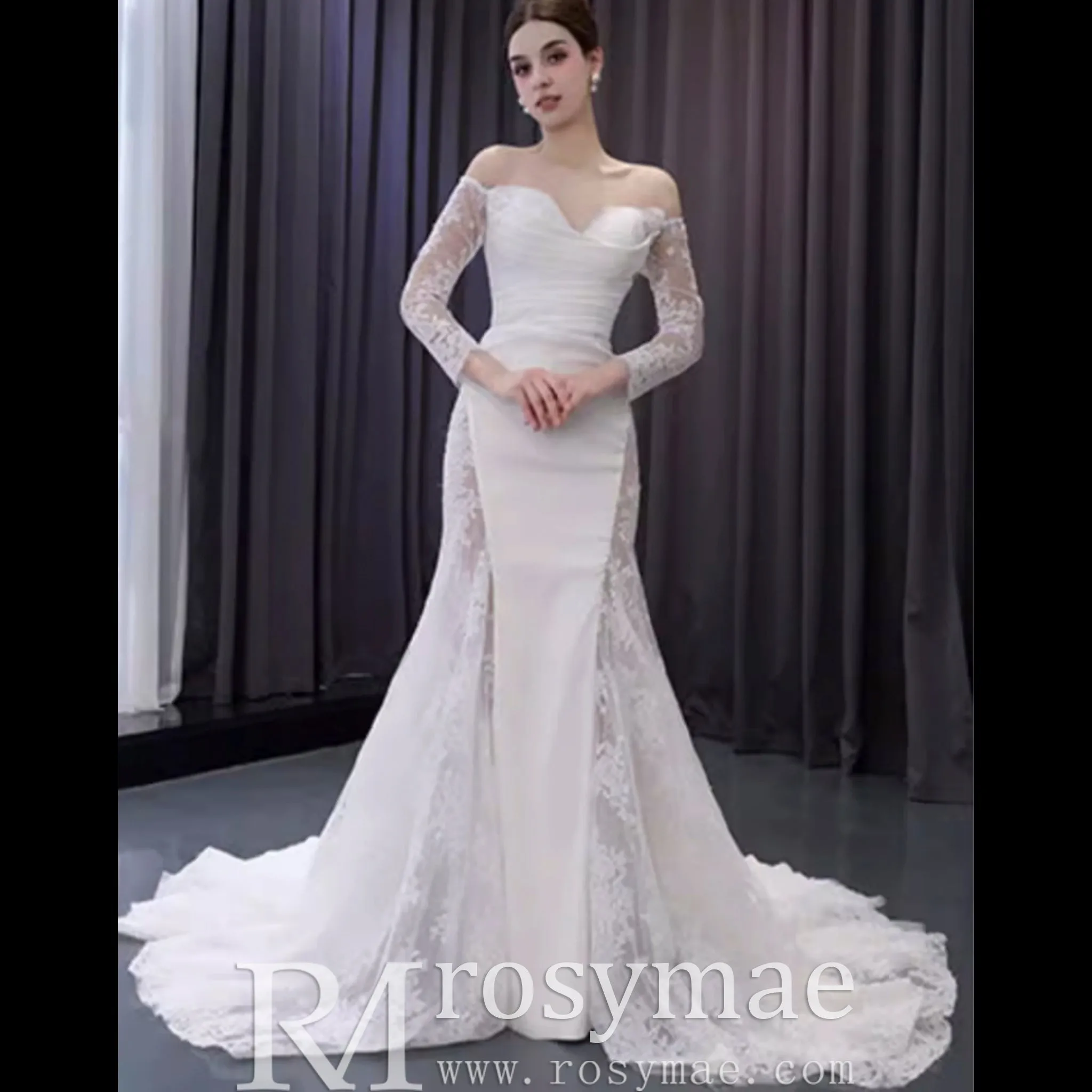 High-end Satin Lace Wedding Dress with Off the Shoulder Long Sleeve