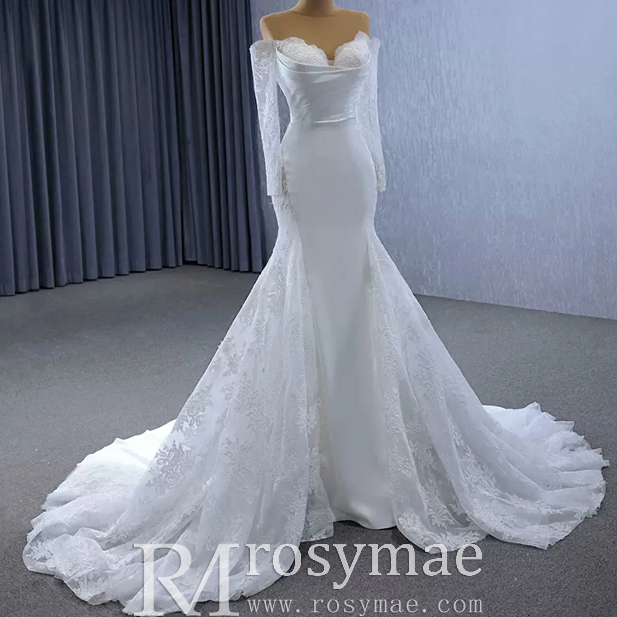 High-end Satin Lace Wedding Dress with Off the Shoulder Long Sleeve