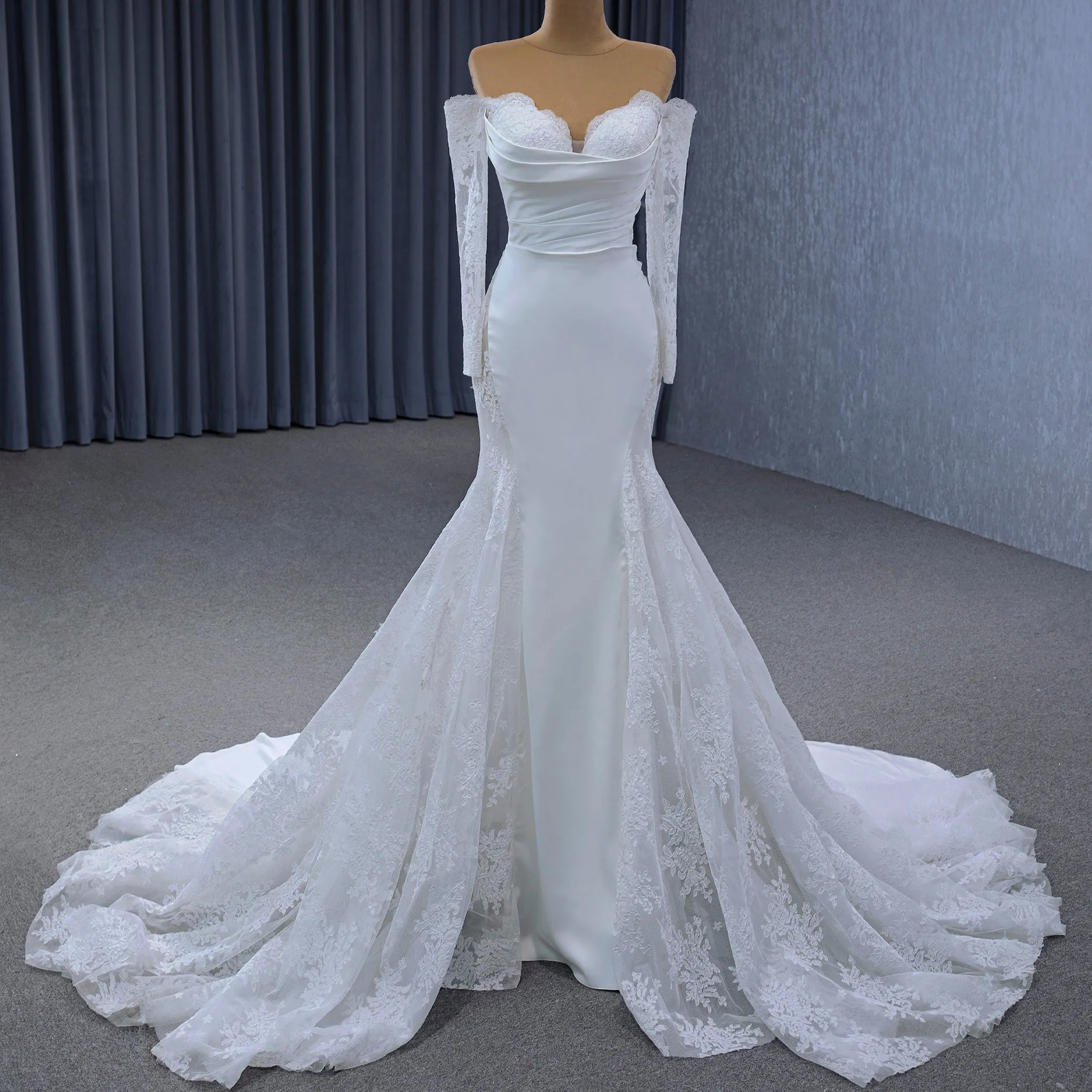 High-end Satin Lace Wedding Dress with Off the Shoulder Long Sleeve