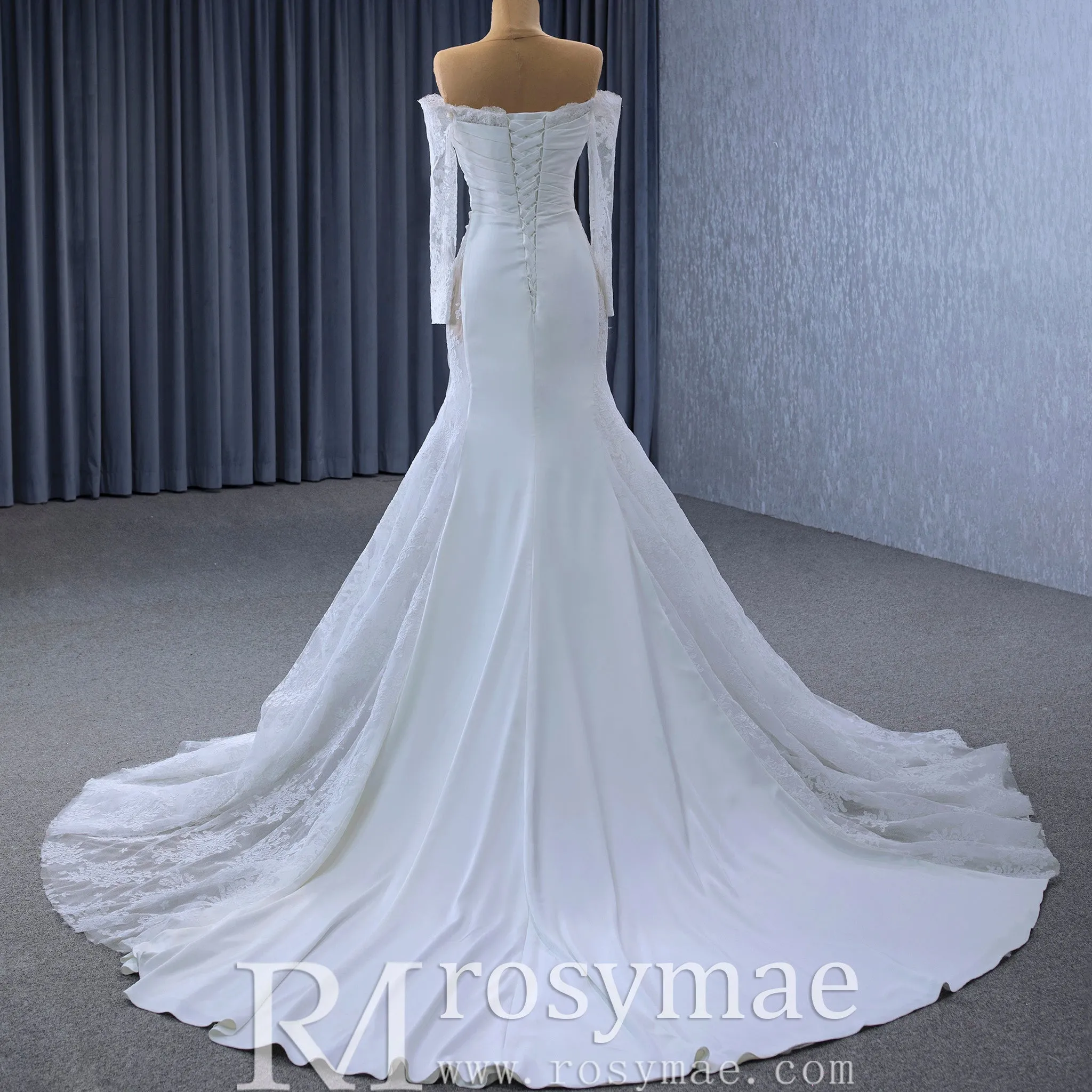 High-end Satin Lace Wedding Dress with Off the Shoulder Long Sleeve