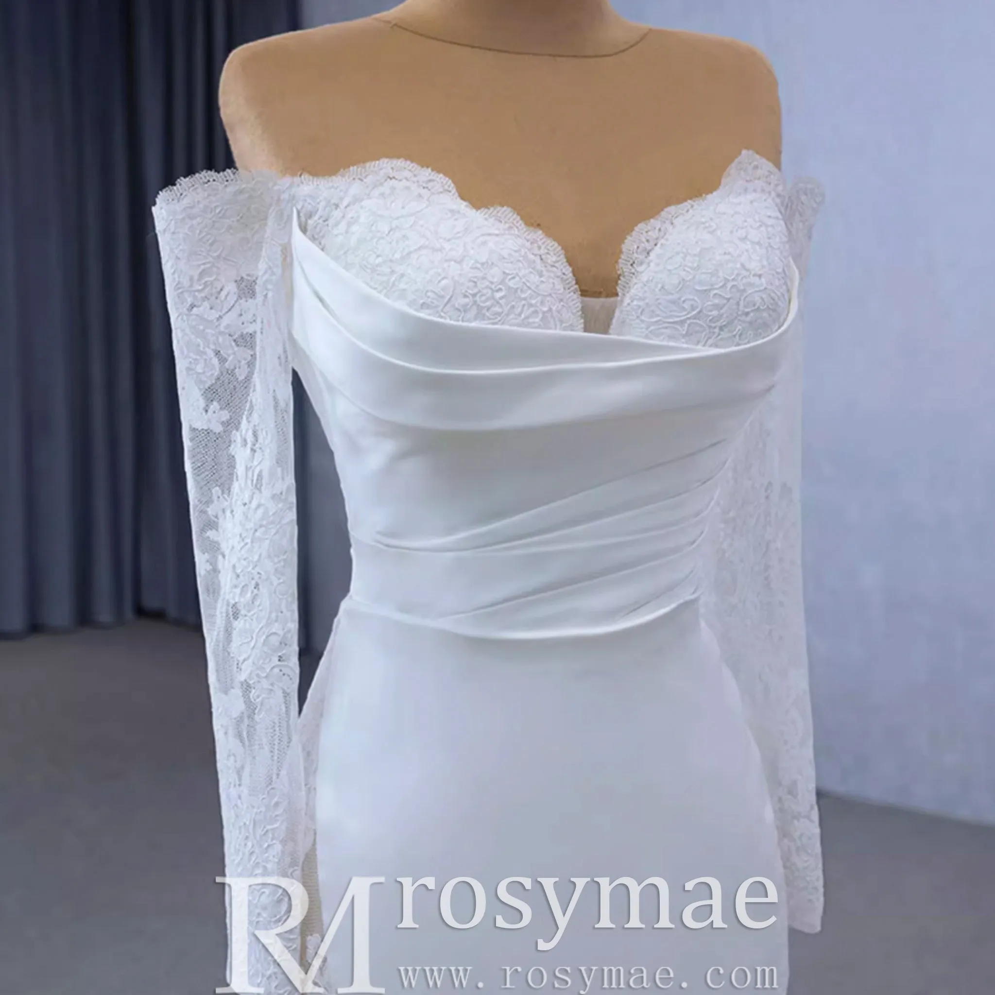 High-end Satin Lace Wedding Dress with Off the Shoulder Long Sleeve