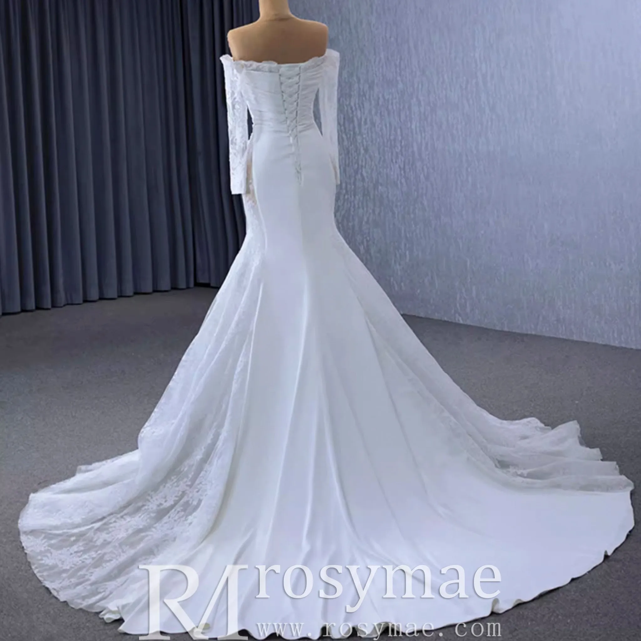 High-end Satin Lace Wedding Dress with Off the Shoulder Long Sleeve