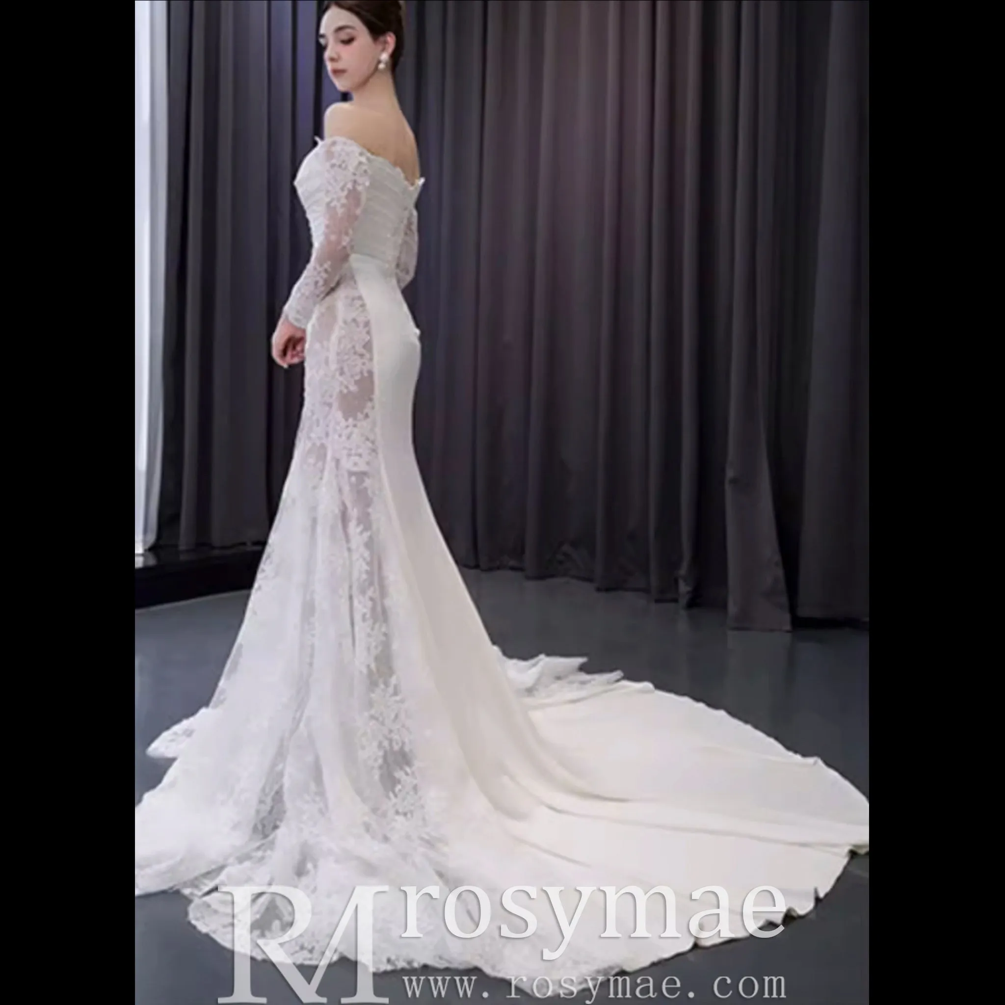 High-end Satin Lace Wedding Dress with Off the Shoulder Long Sleeve