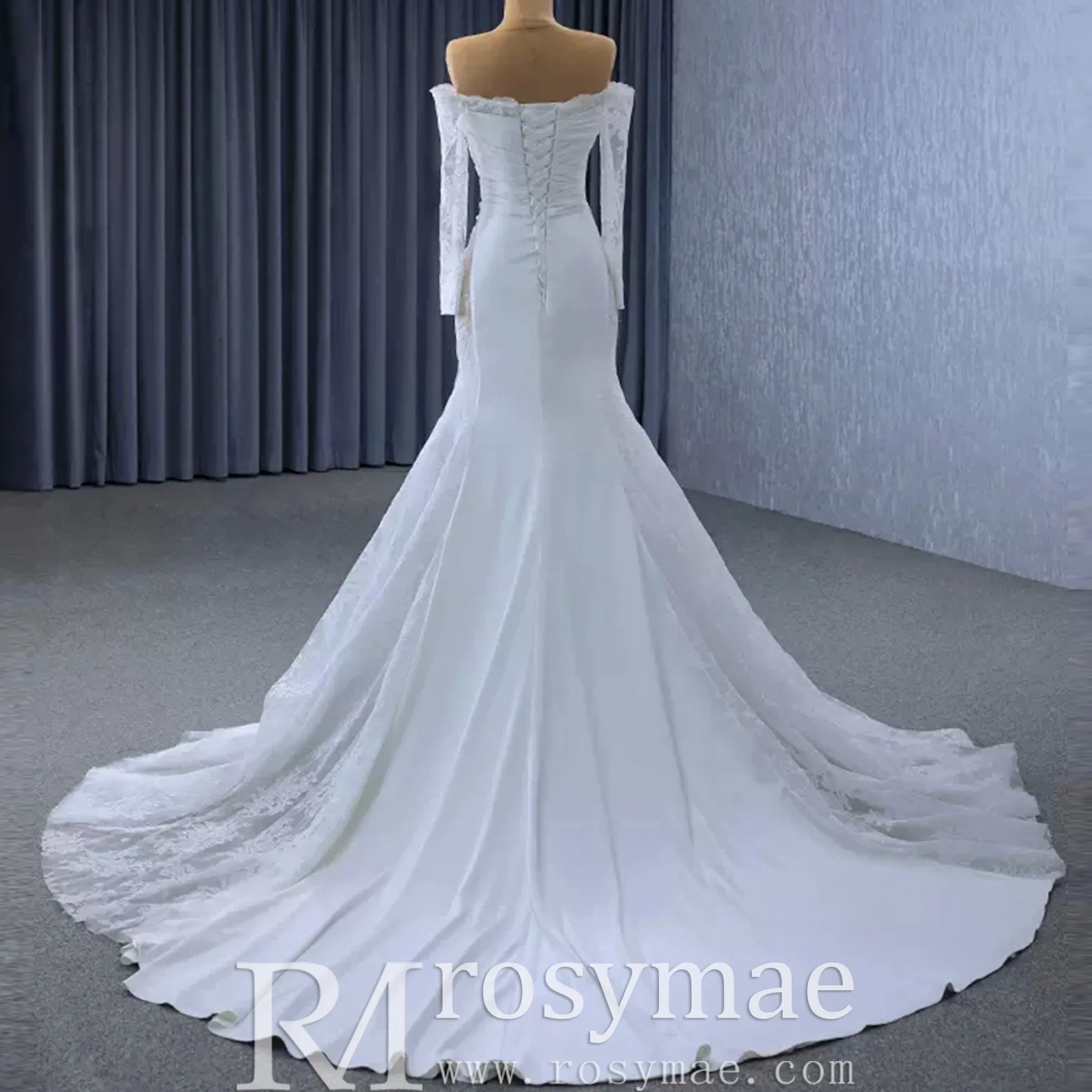 High-end Satin Lace Wedding Dress with Off the Shoulder Long Sleeve
