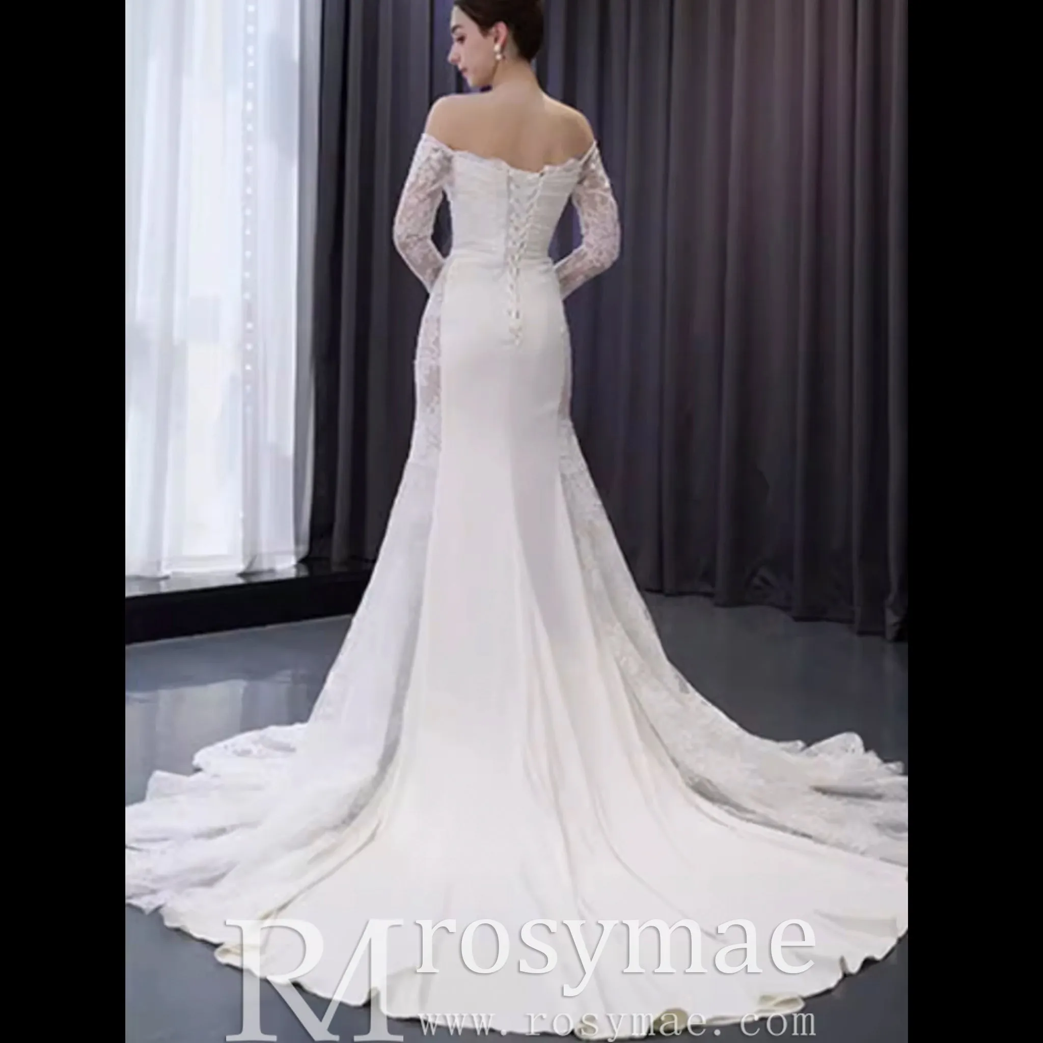 High-end Satin Lace Wedding Dress with Off the Shoulder Long Sleeve