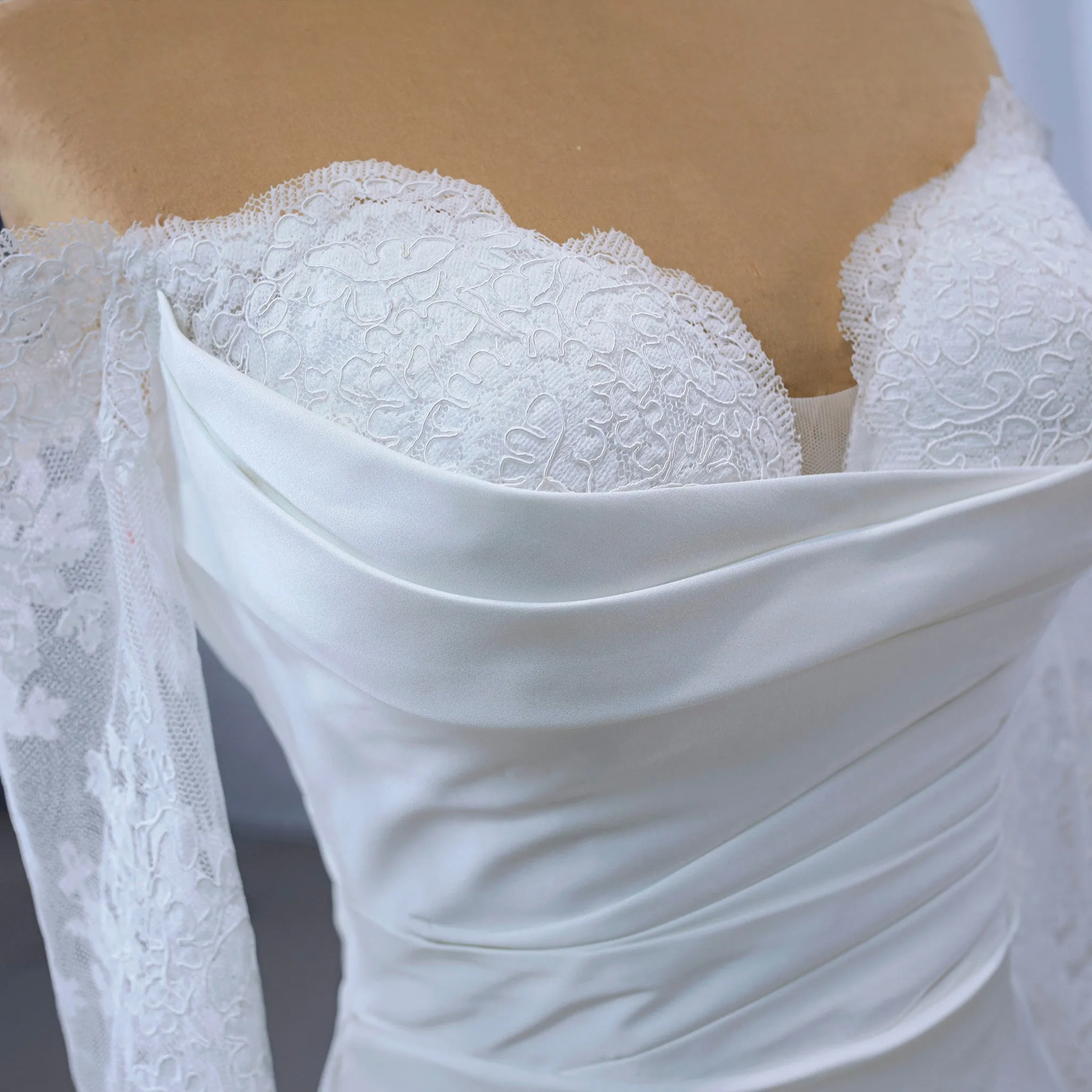 High-end Satin Lace Wedding Dress with Off the Shoulder Long Sleeve