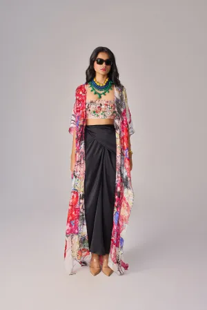 High waist, asymmetric maxi wrap skirt with pinch and fold detailing