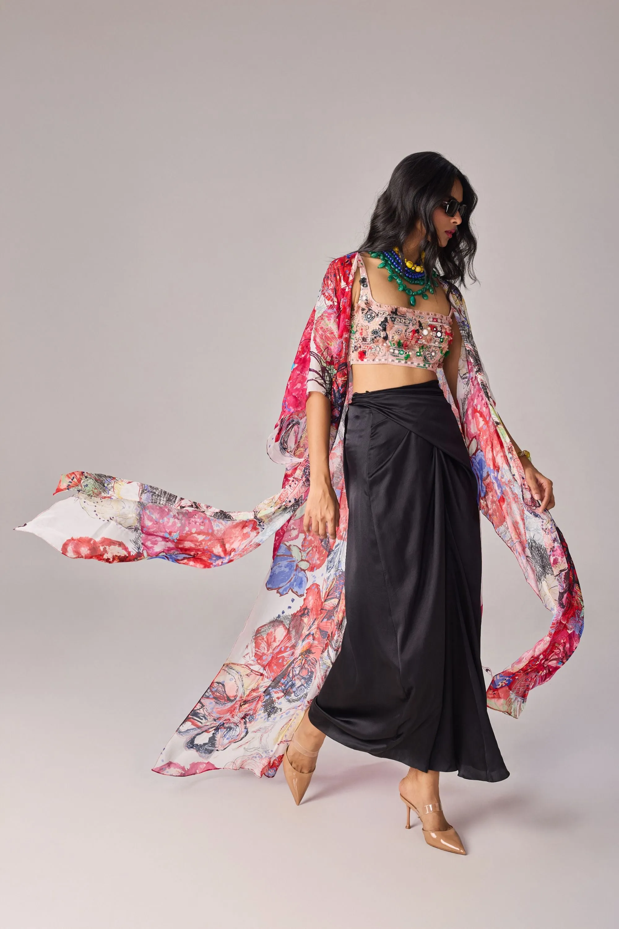 High waist, asymmetric maxi wrap skirt with pinch and fold detailing