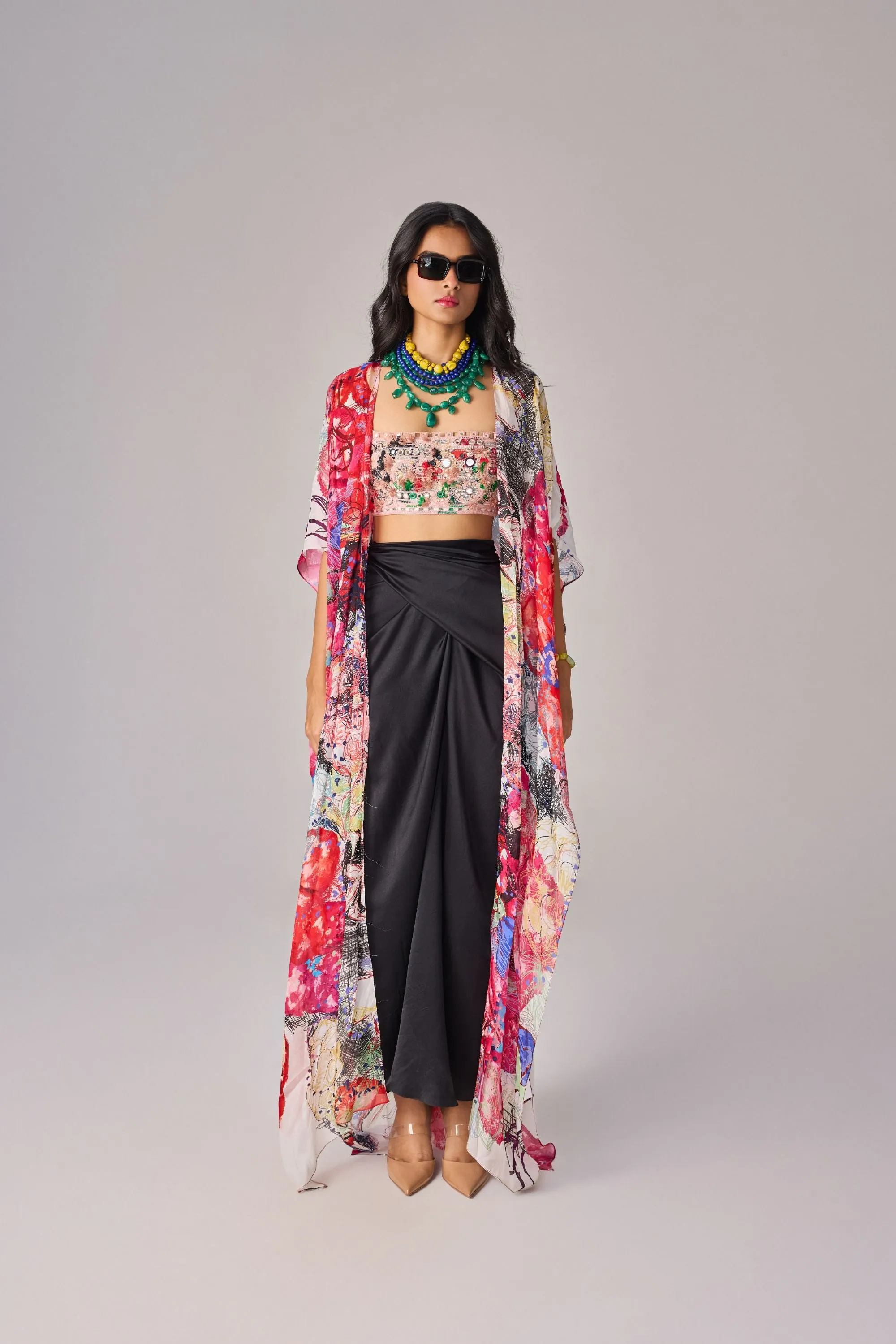 High waist, asymmetric maxi wrap skirt with pinch and fold detailing