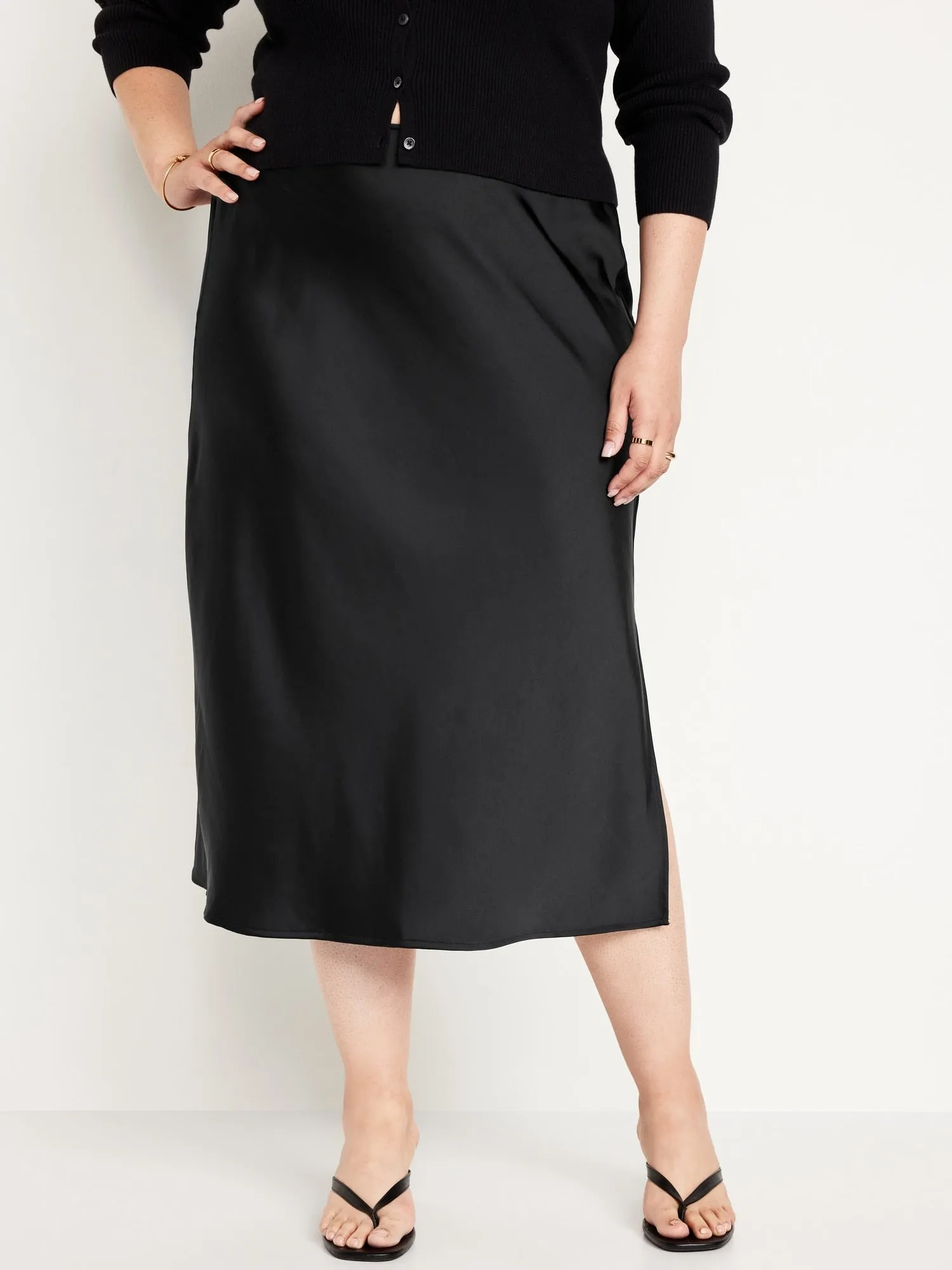High-Waisted Satin Midi Slip Skirt
