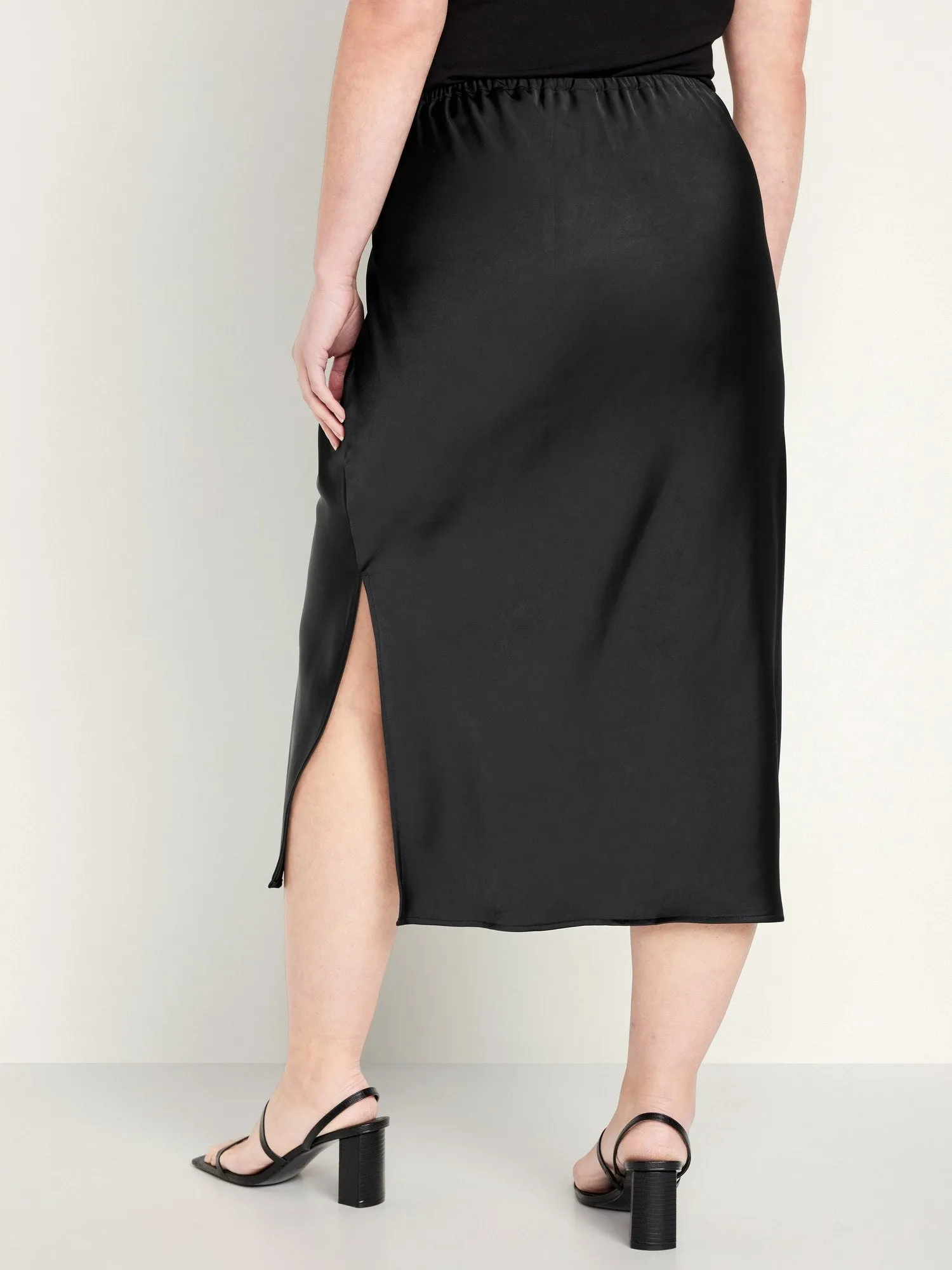 High-Waisted Satin Midi Slip Skirt