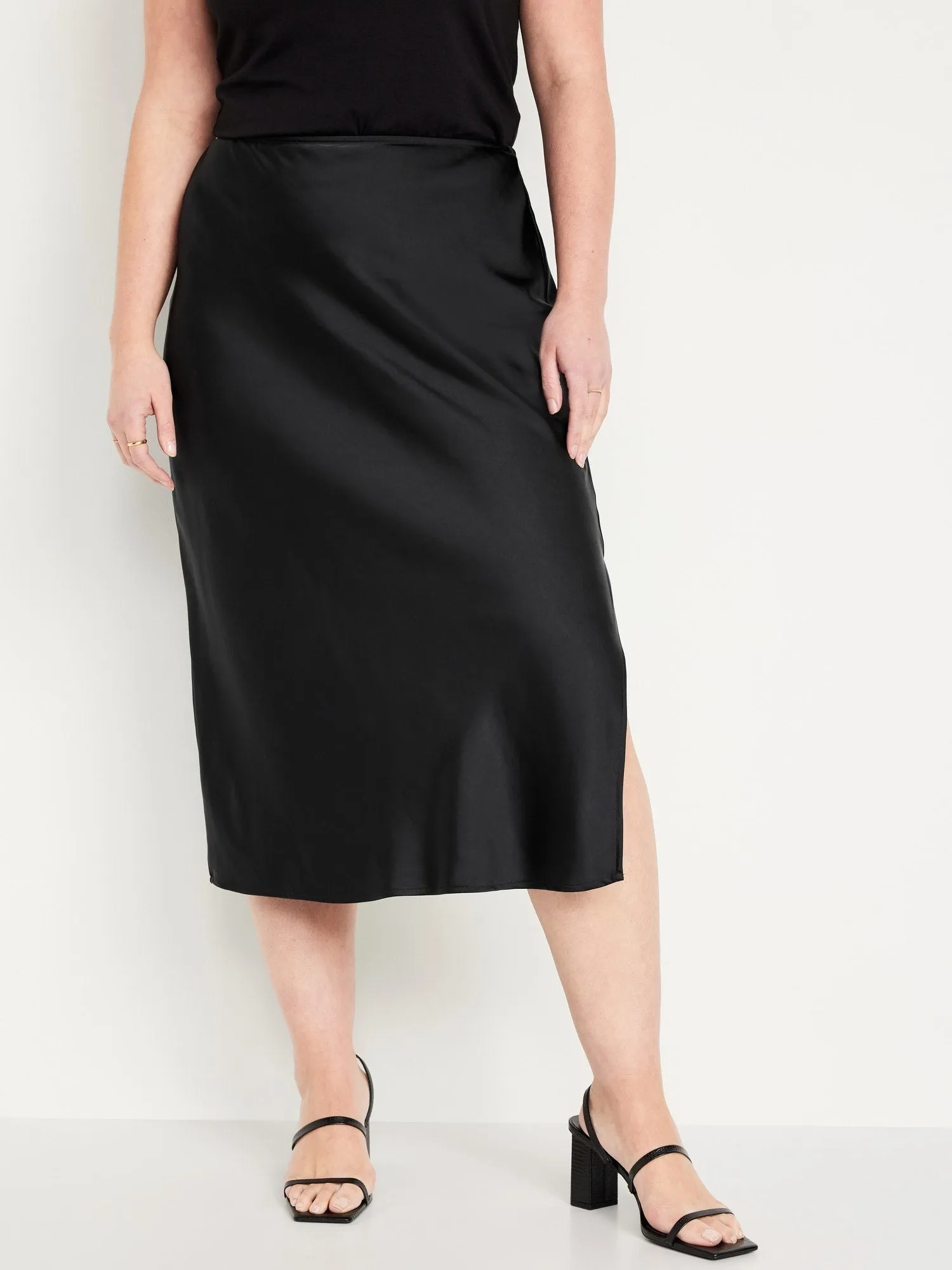 High-Waisted Satin Midi Slip Skirt