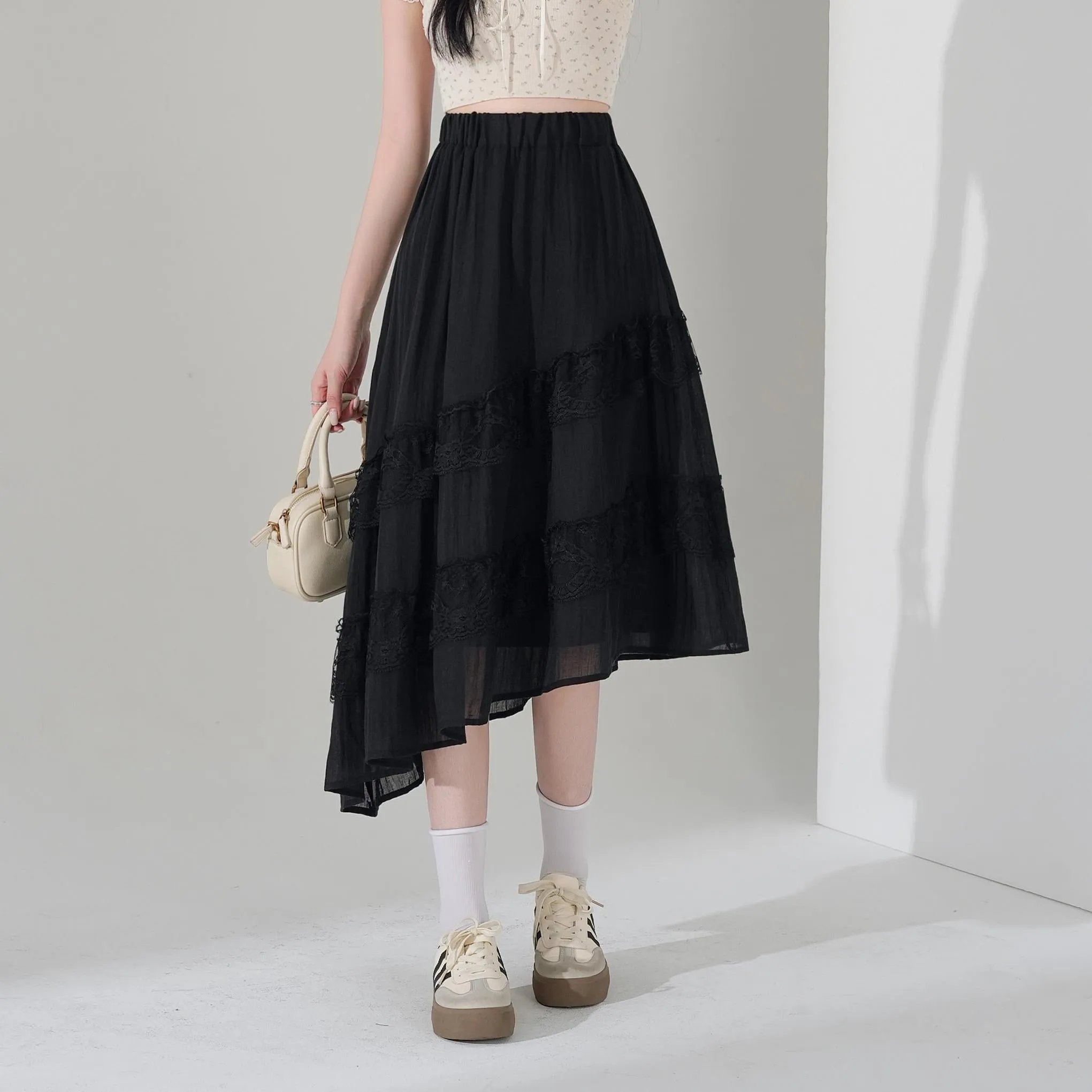 High Waisted Solid Skirt with Mesh Patchwork for a Chic Look