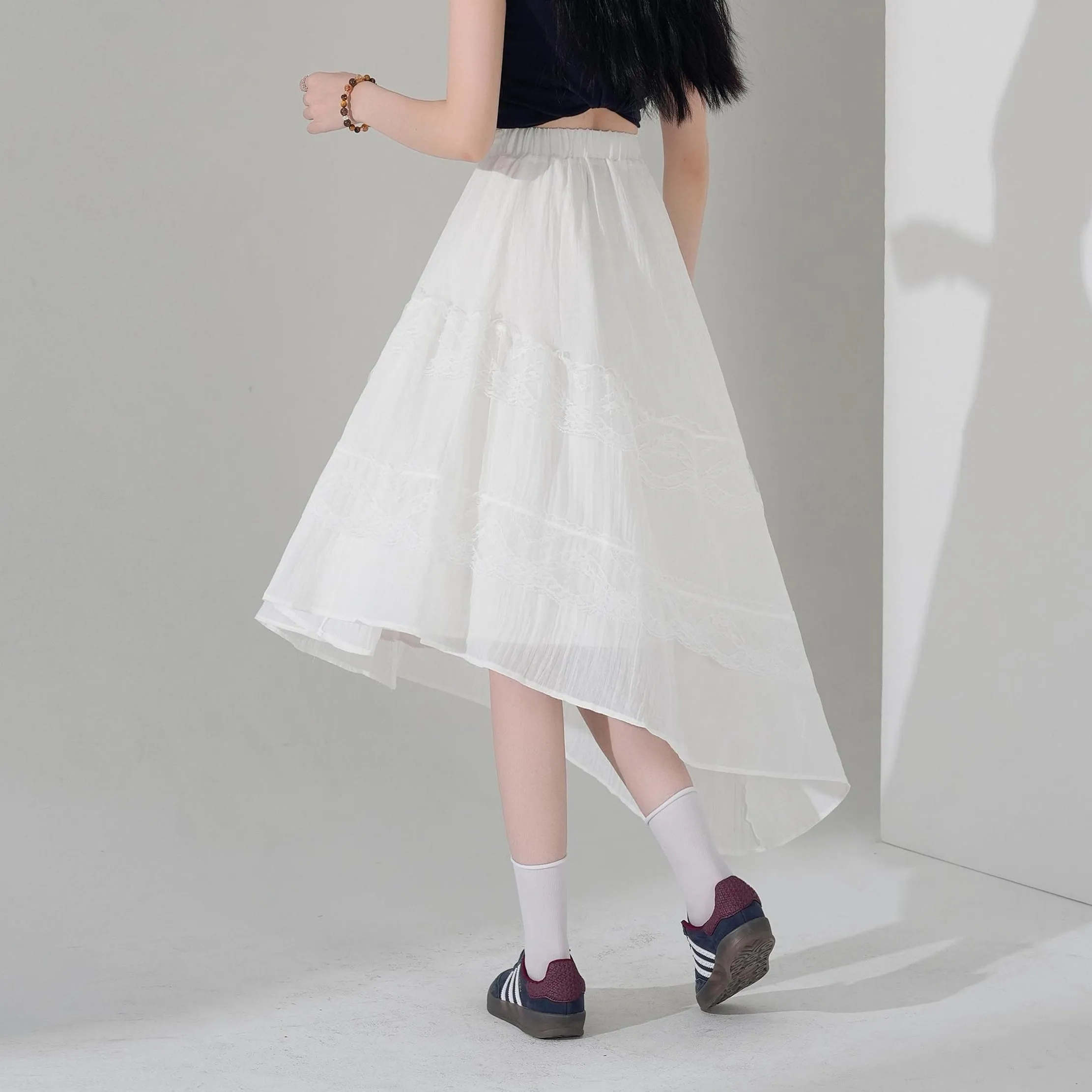 High Waisted Solid Skirt with Mesh Patchwork for a Chic Look