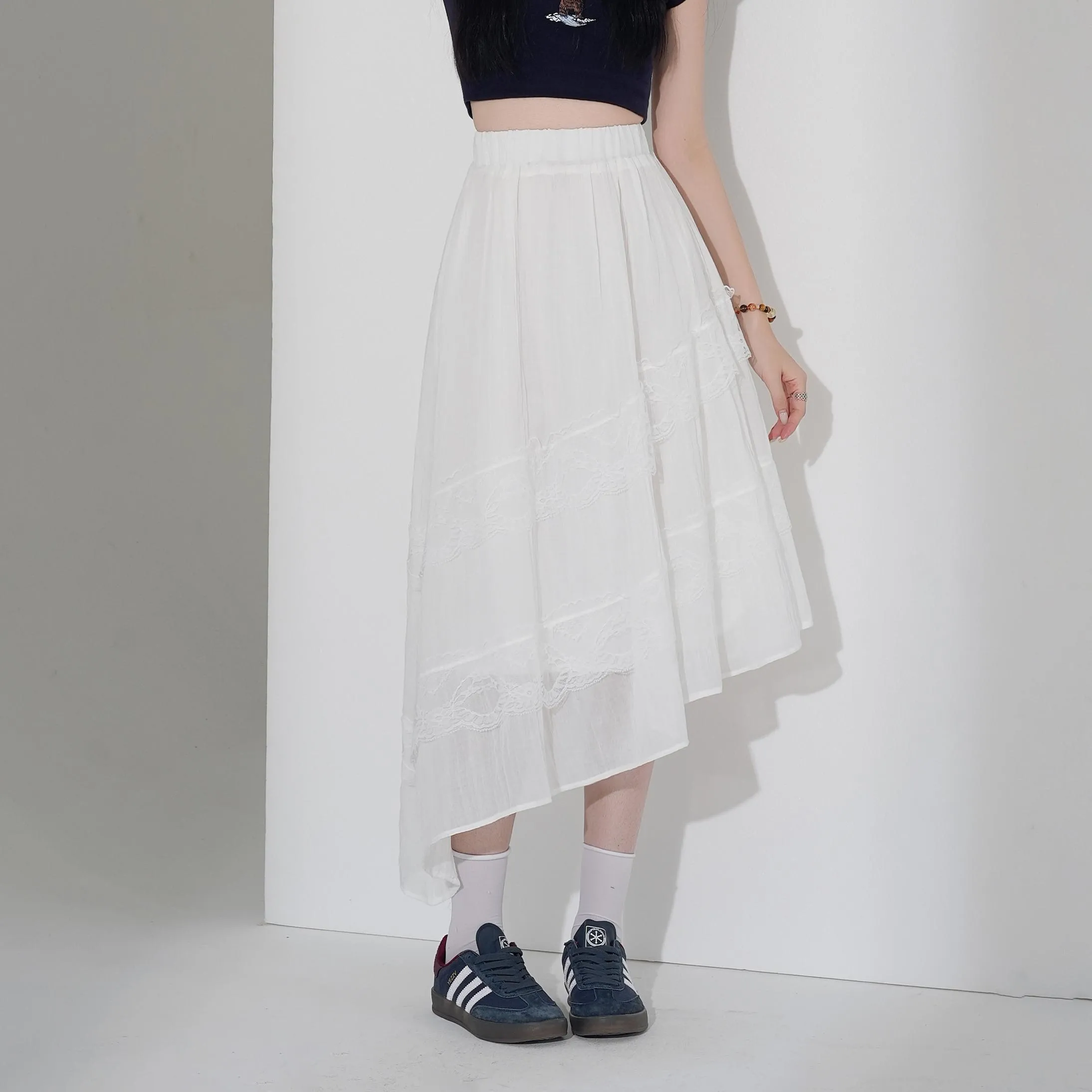 High Waisted Solid Skirt with Mesh Patchwork for a Chic Look