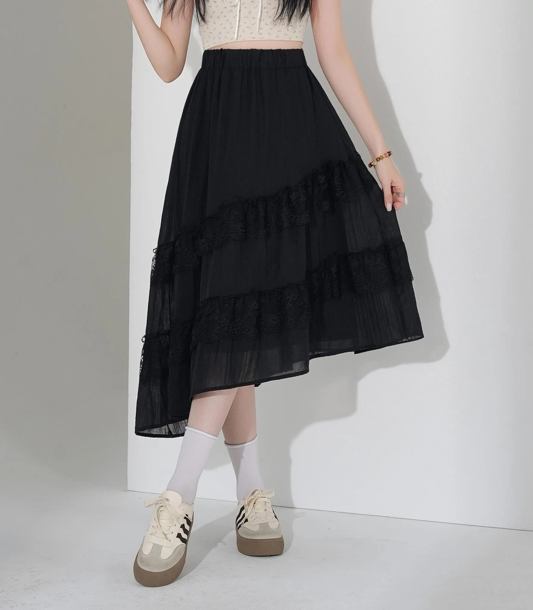 High Waisted Solid Skirt with Mesh Patchwork for a Chic Look