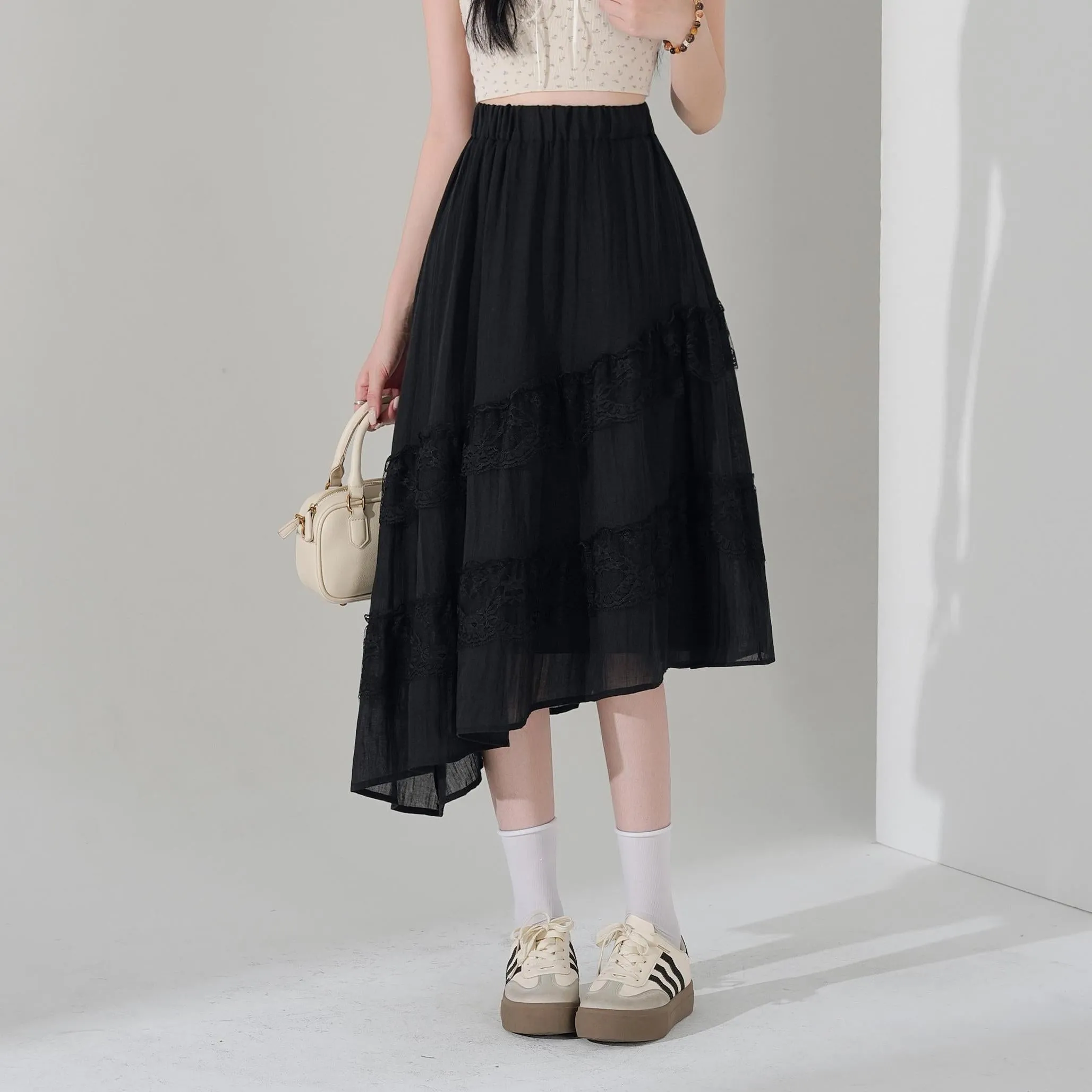 High Waisted Solid Skirt with Mesh Patchwork for a Chic Look