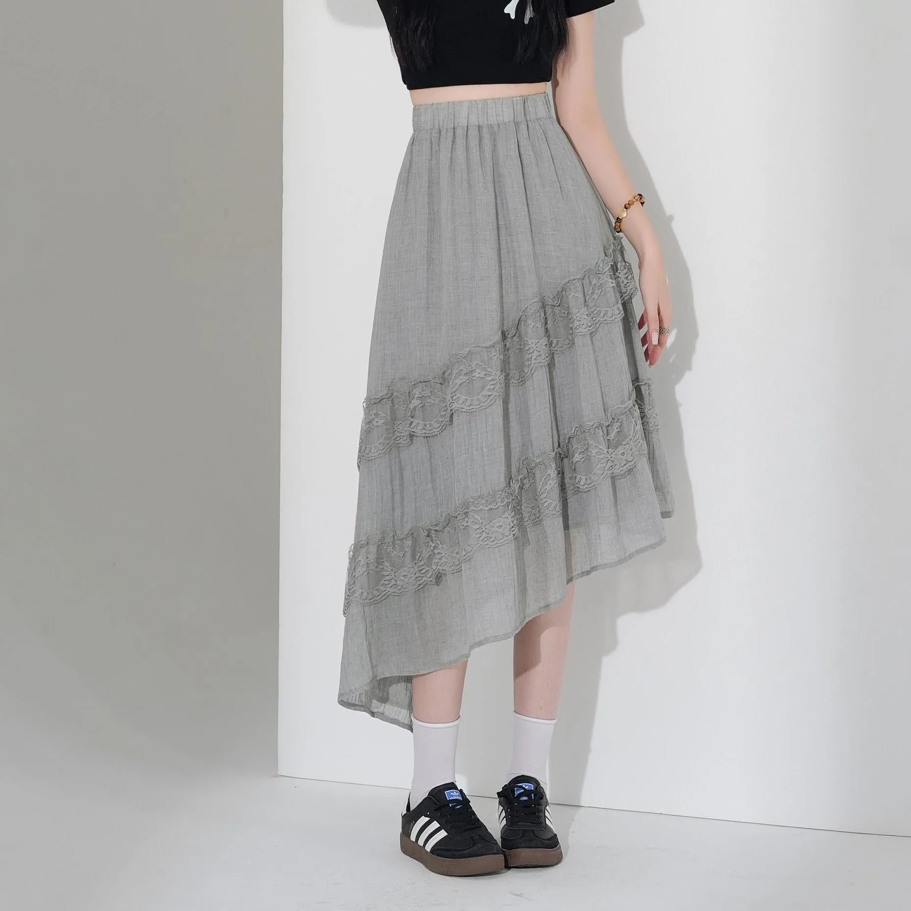 High Waisted Solid Skirt with Mesh Patchwork for a Chic Look