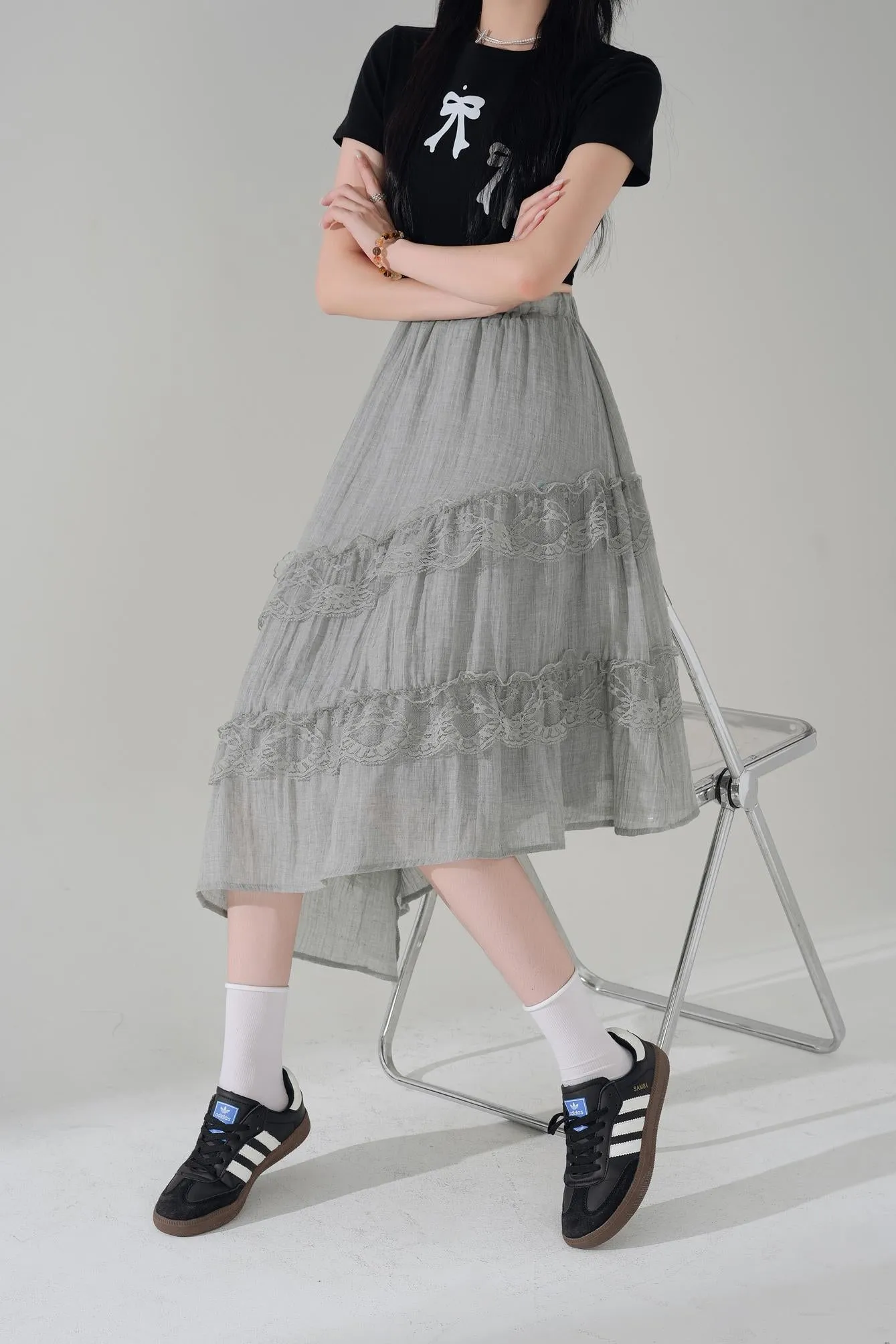High Waisted Solid Skirt with Mesh Patchwork for a Chic Look