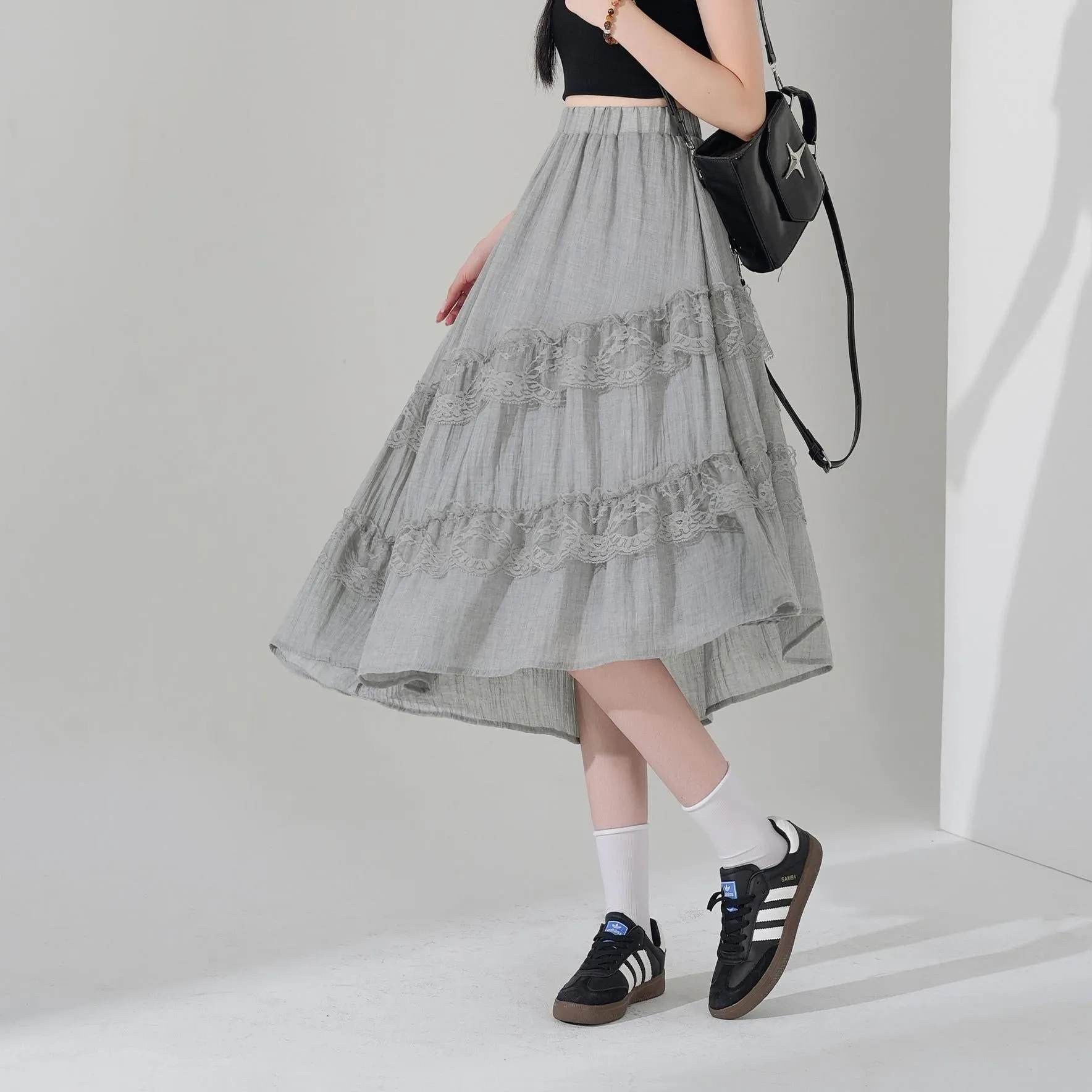 High Waisted Solid Skirt with Mesh Patchwork for a Chic Look