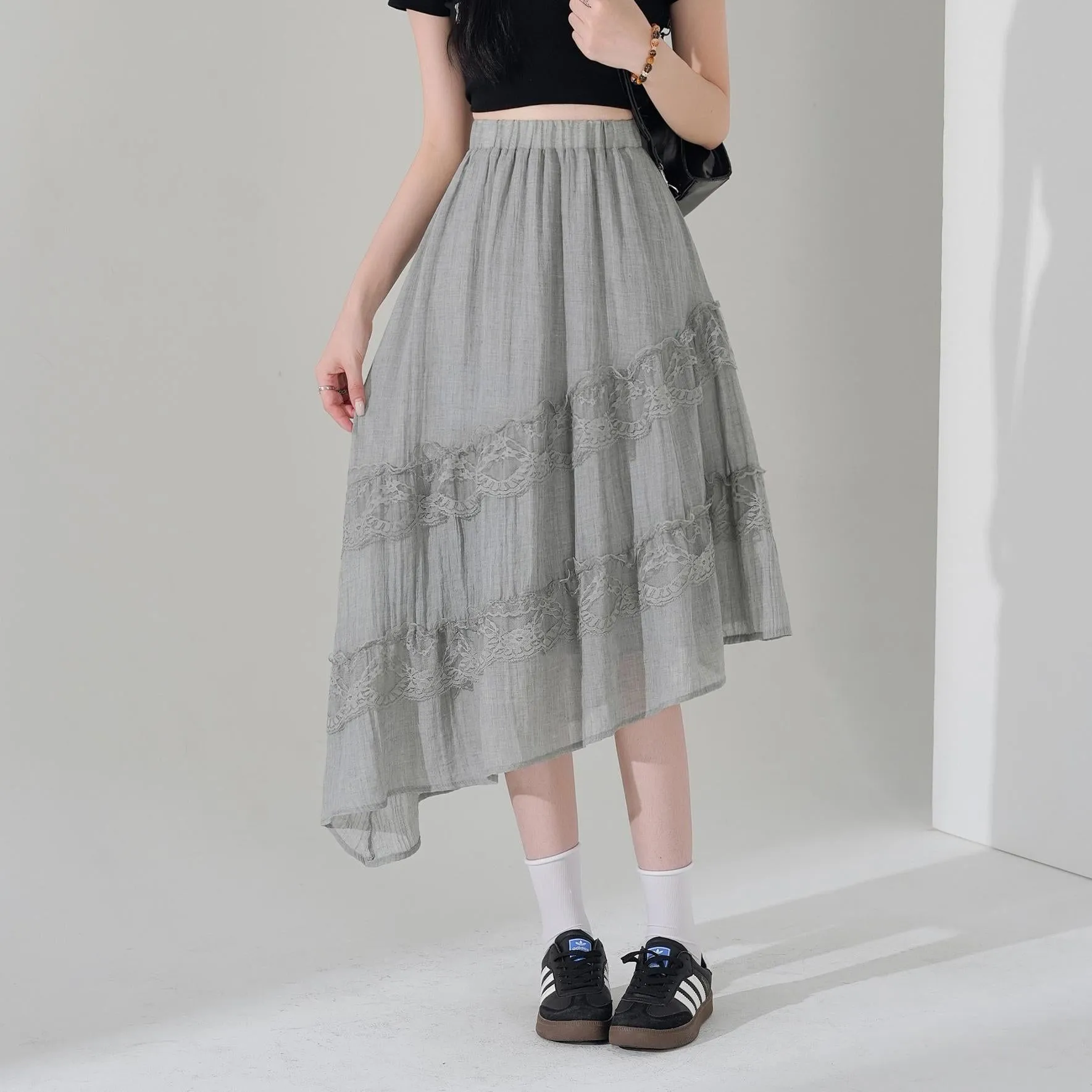 High Waisted Solid Skirt with Mesh Patchwork for a Chic Look