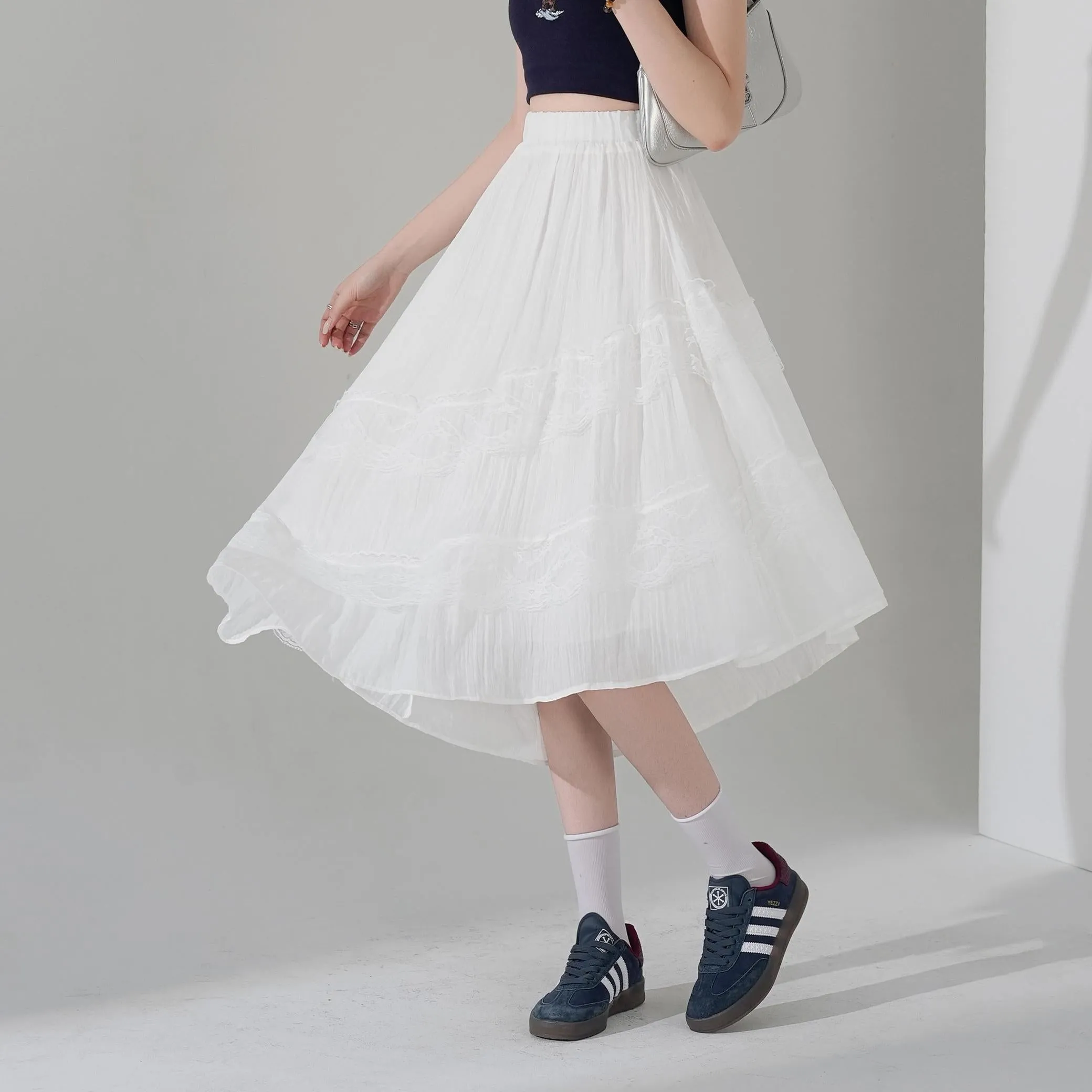 High Waisted Solid Skirt with Mesh Patchwork for a Chic Look