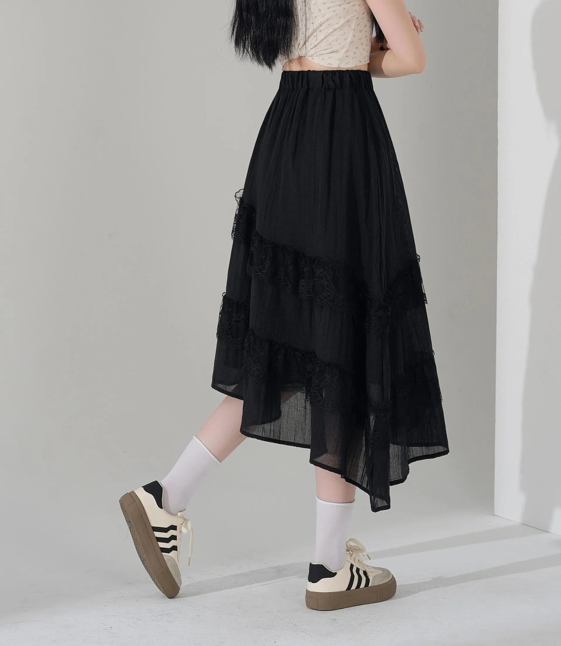High Waisted Solid Skirt with Mesh Patchwork for a Chic Look