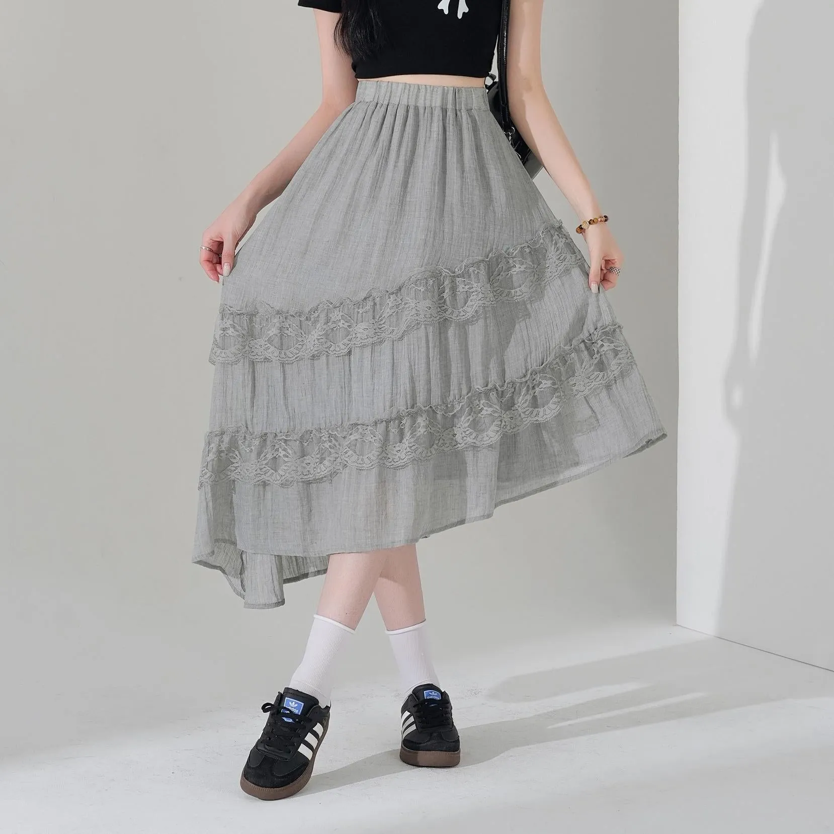 High Waisted Solid Skirt with Mesh Patchwork for a Chic Look