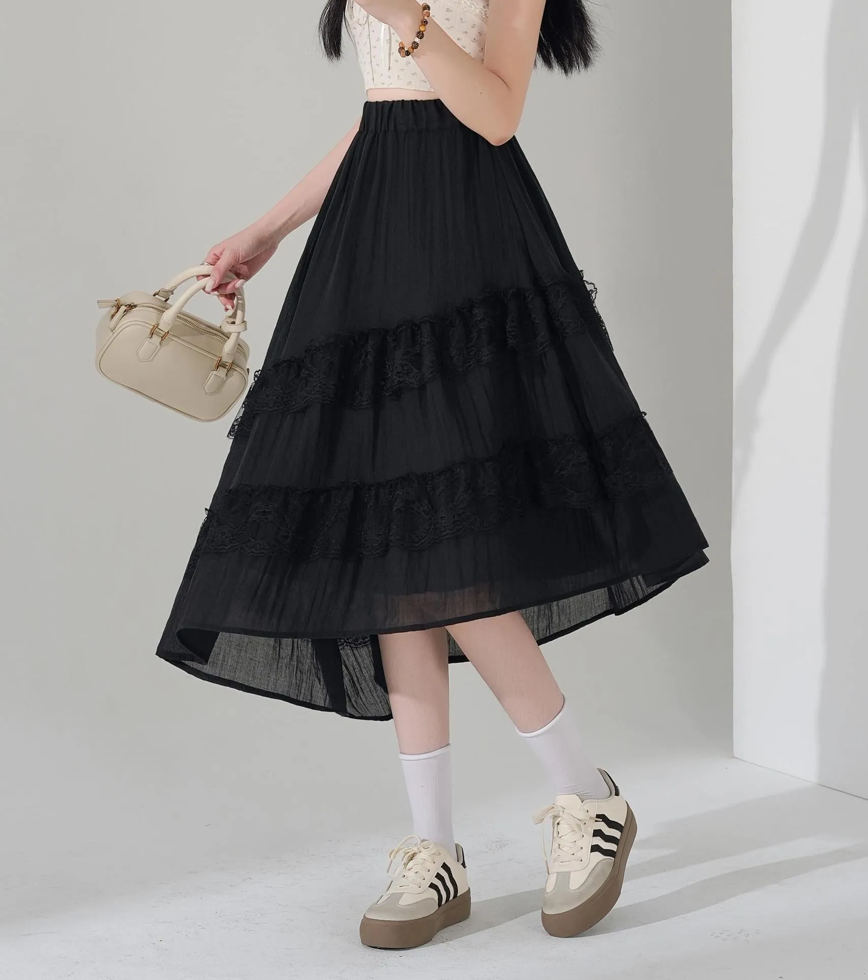 High Waisted Solid Skirt with Mesh Patchwork for a Chic Look