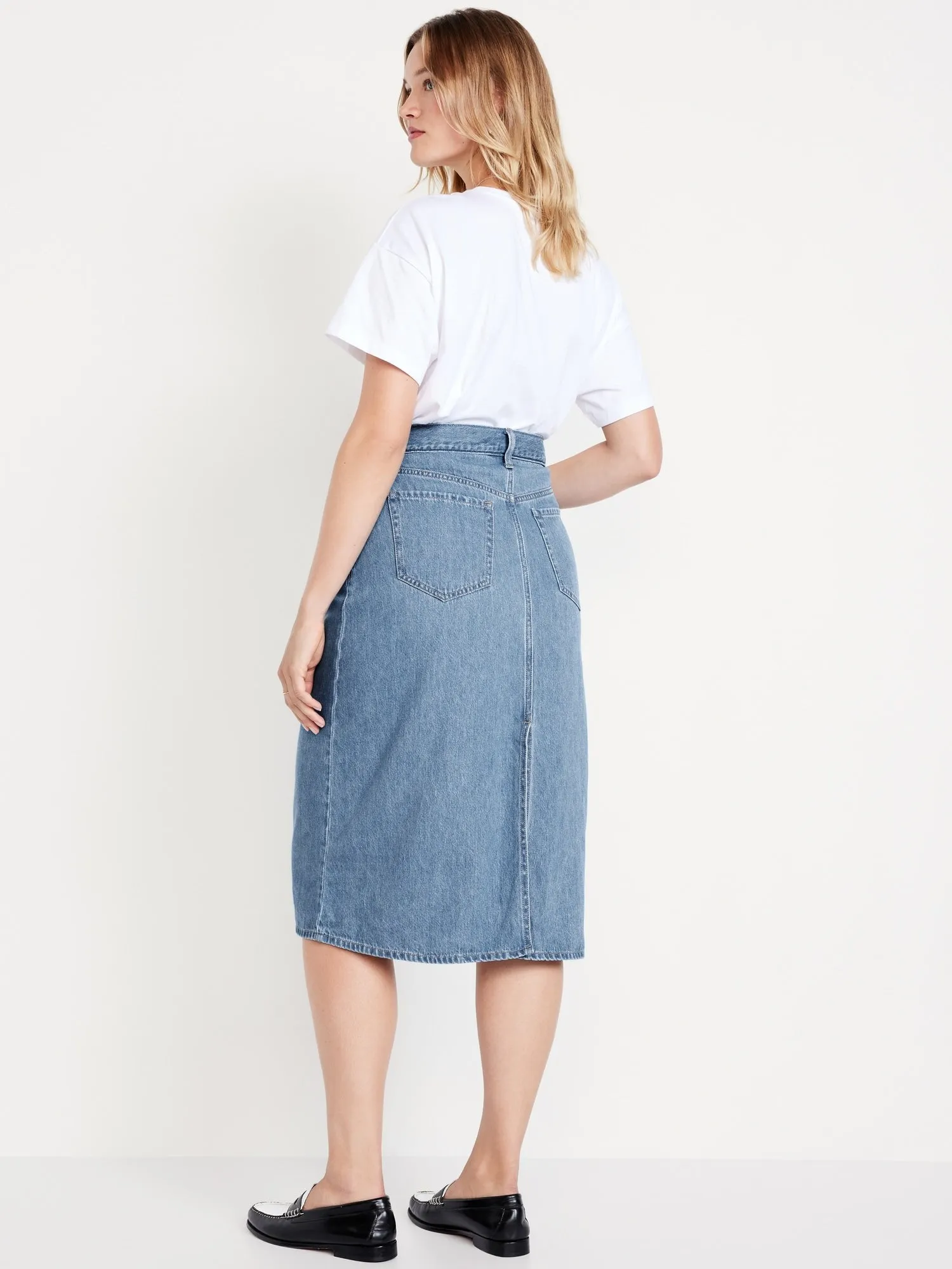High-Waisted Wow Jean Midi Skirt