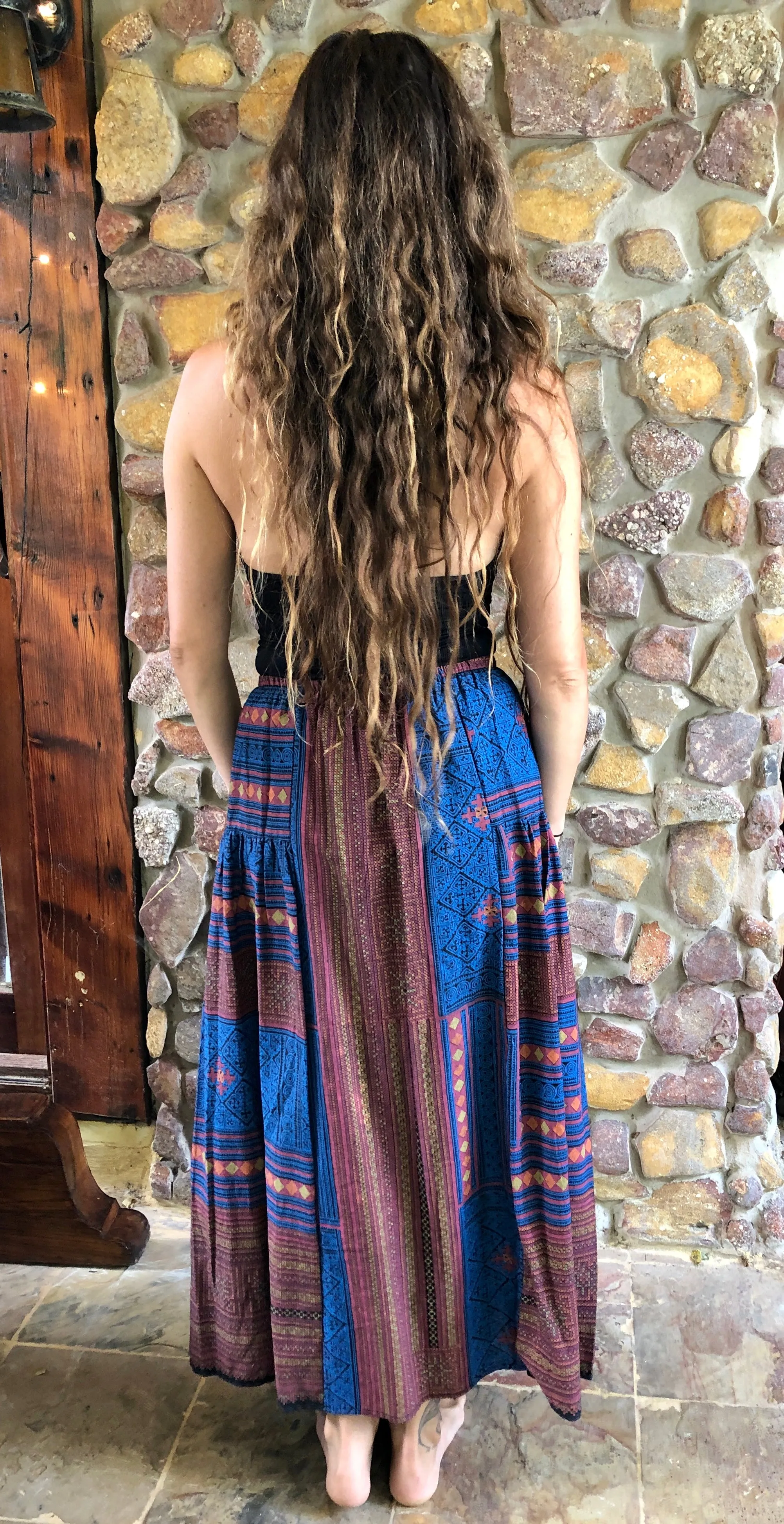 Hill-tribe Long Skirt - Red and Blue