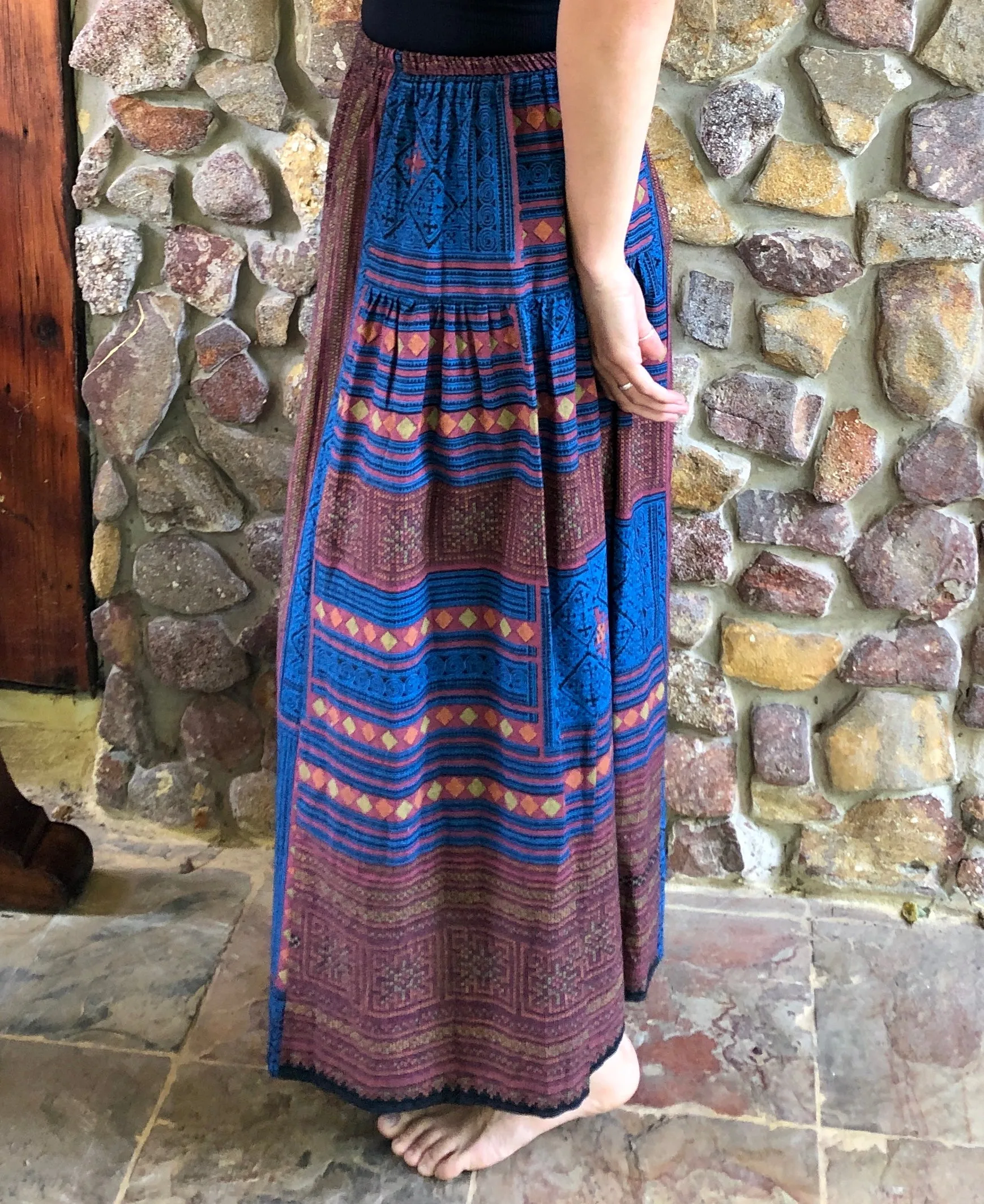 Hill-tribe Long Skirt - Red and Blue