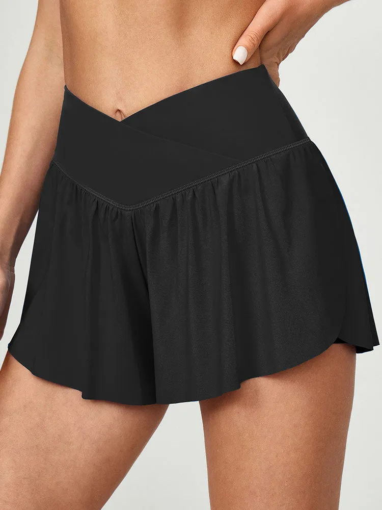 I YOGA High Waisted 2 In 1 Crossover Flowy Shorts