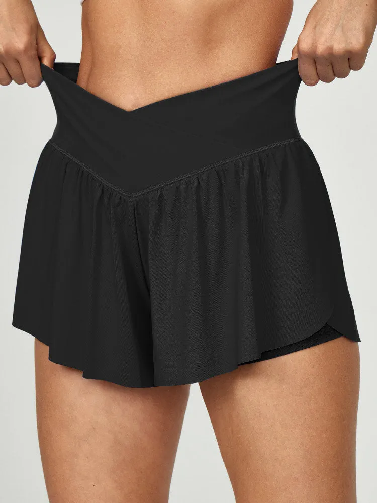 I YOGA High Waisted 2 In 1 Crossover Flowy Shorts