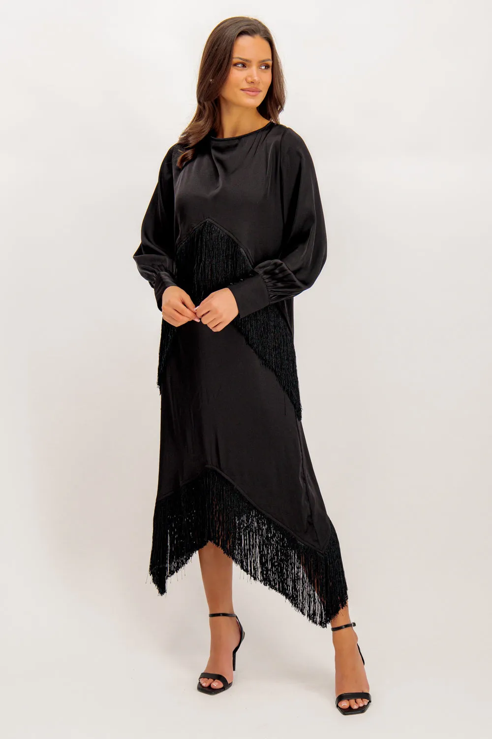 Jana High Waisted Black Fringe Midi Skirt