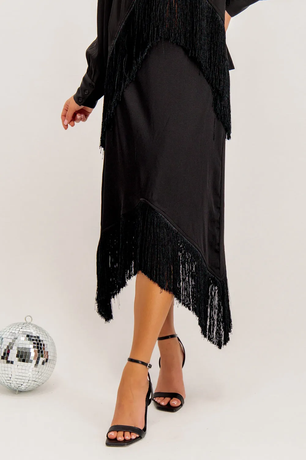 Jana High Waisted Black Fringe Midi Skirt