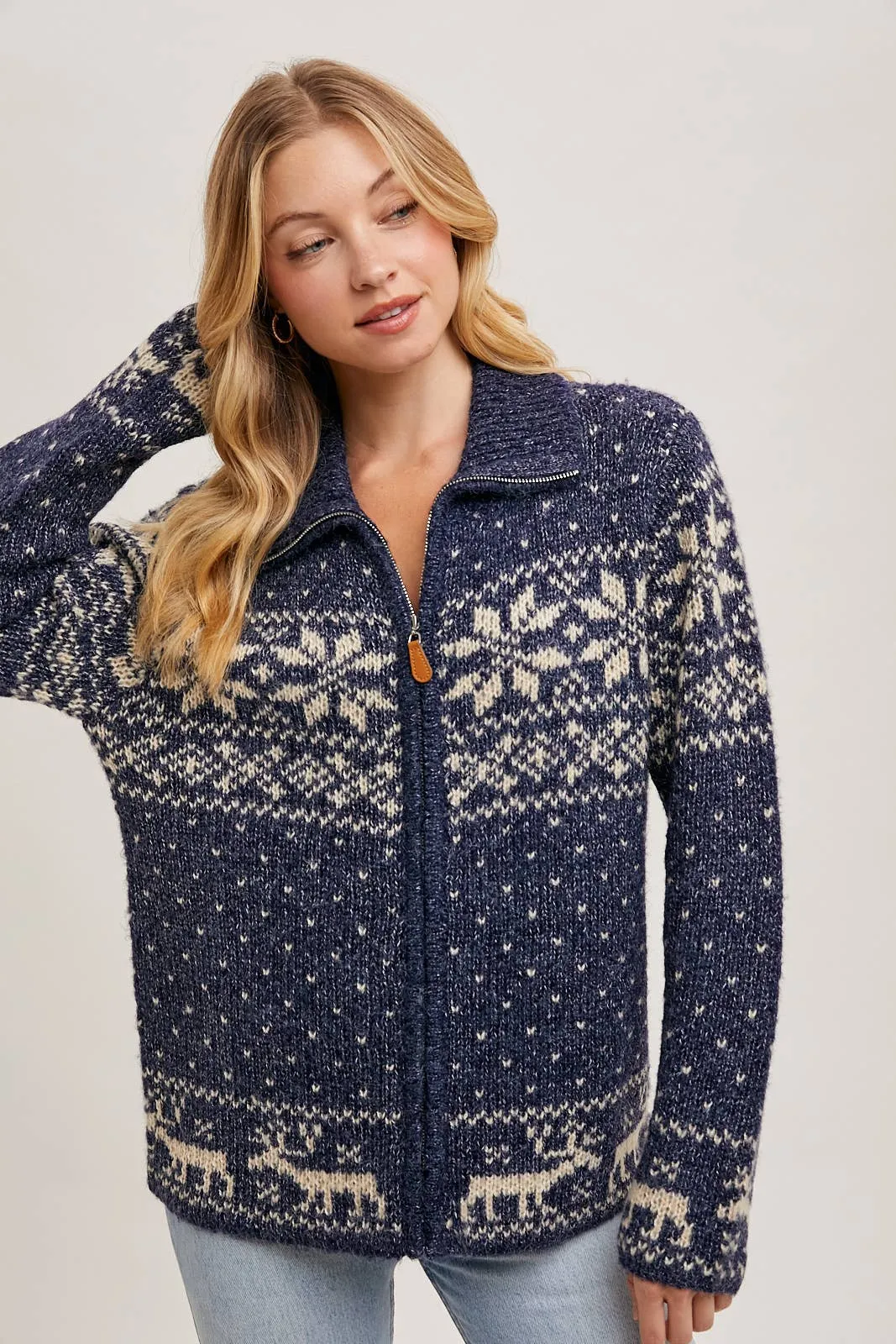 Janet- Nordic Print Knit Zipup Sweater Cardigan