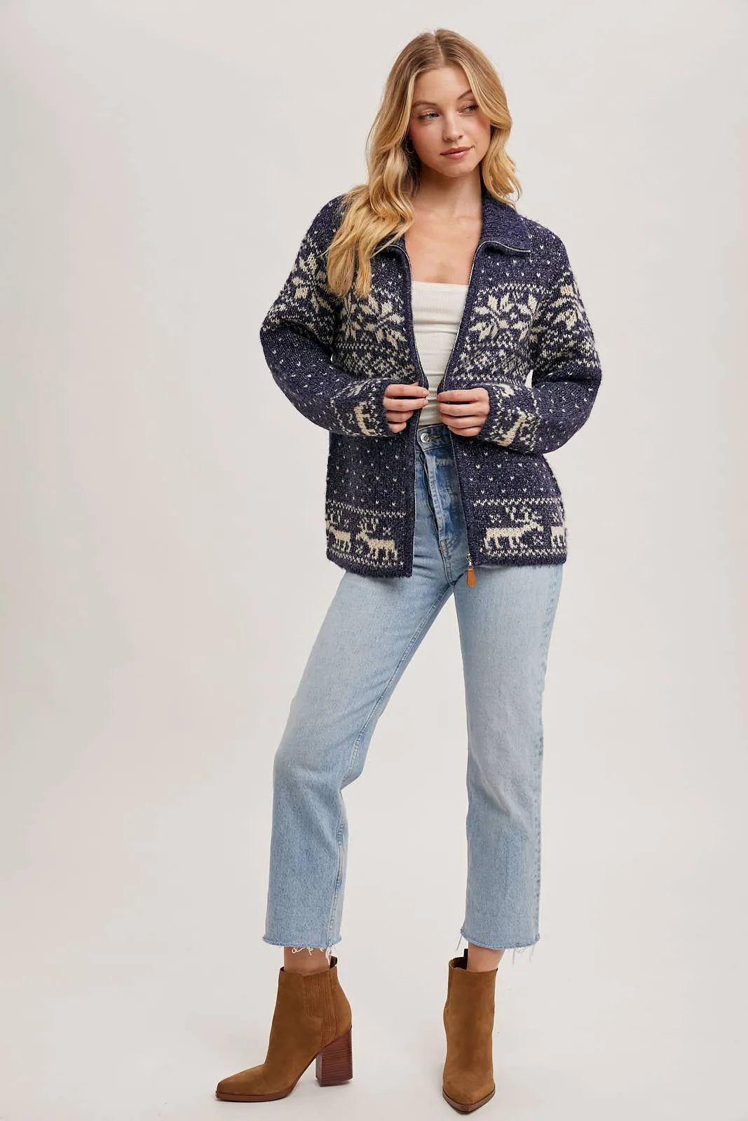 Janet- Nordic Print Knit Zipup Sweater Cardigan