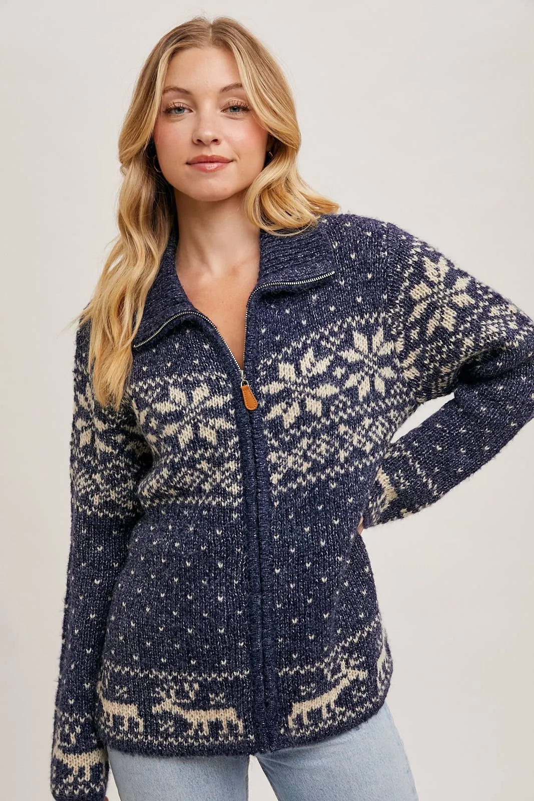 Janet- Nordic Print Knit Zipup Sweater Cardigan