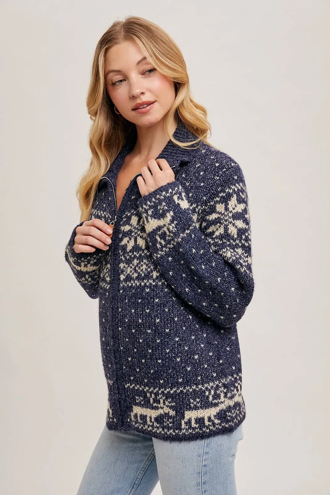 Janet- Nordic Print Knit Zipup Sweater Cardigan